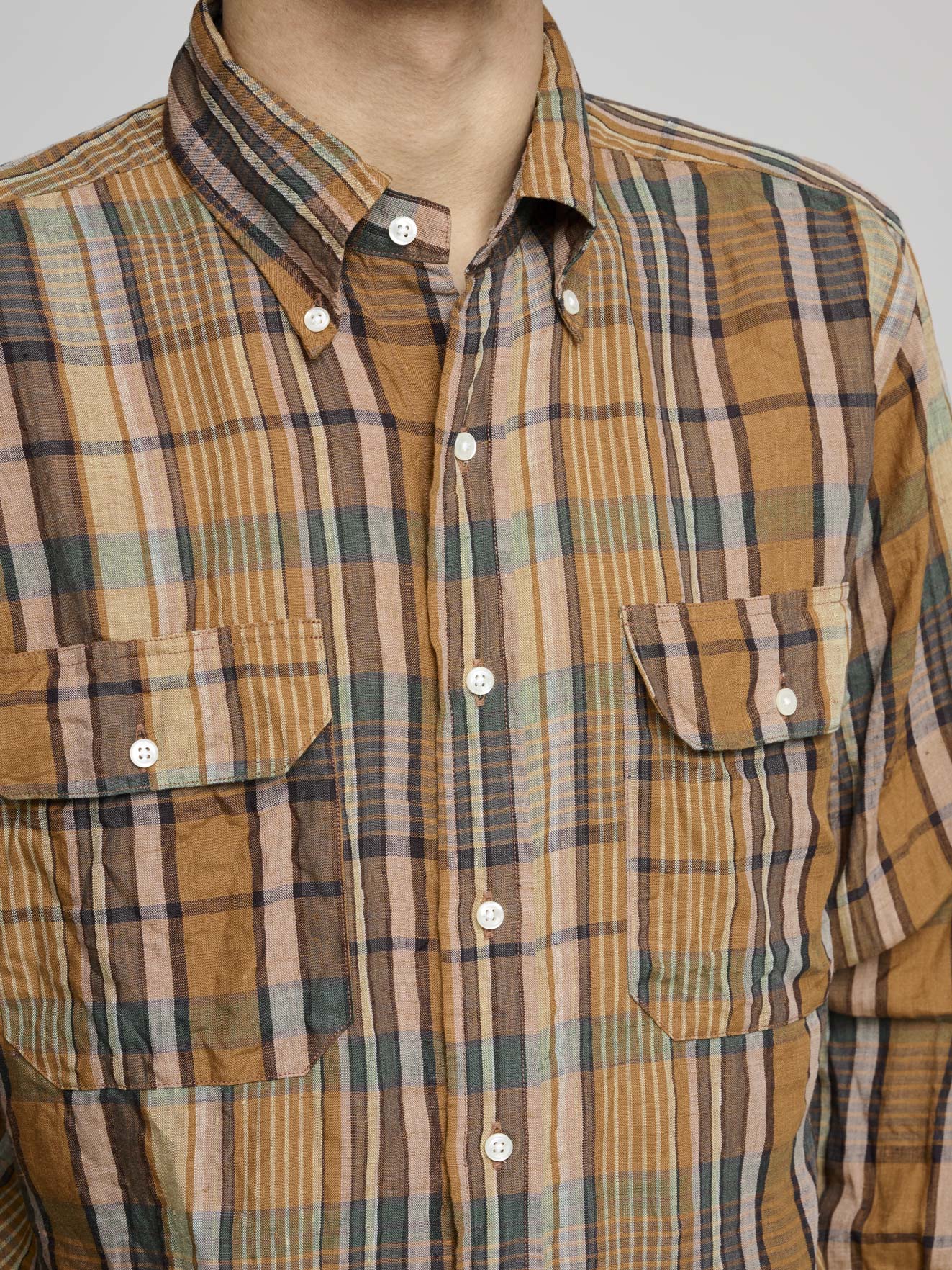 Linen Button Down Safari Shirt, Orange Check