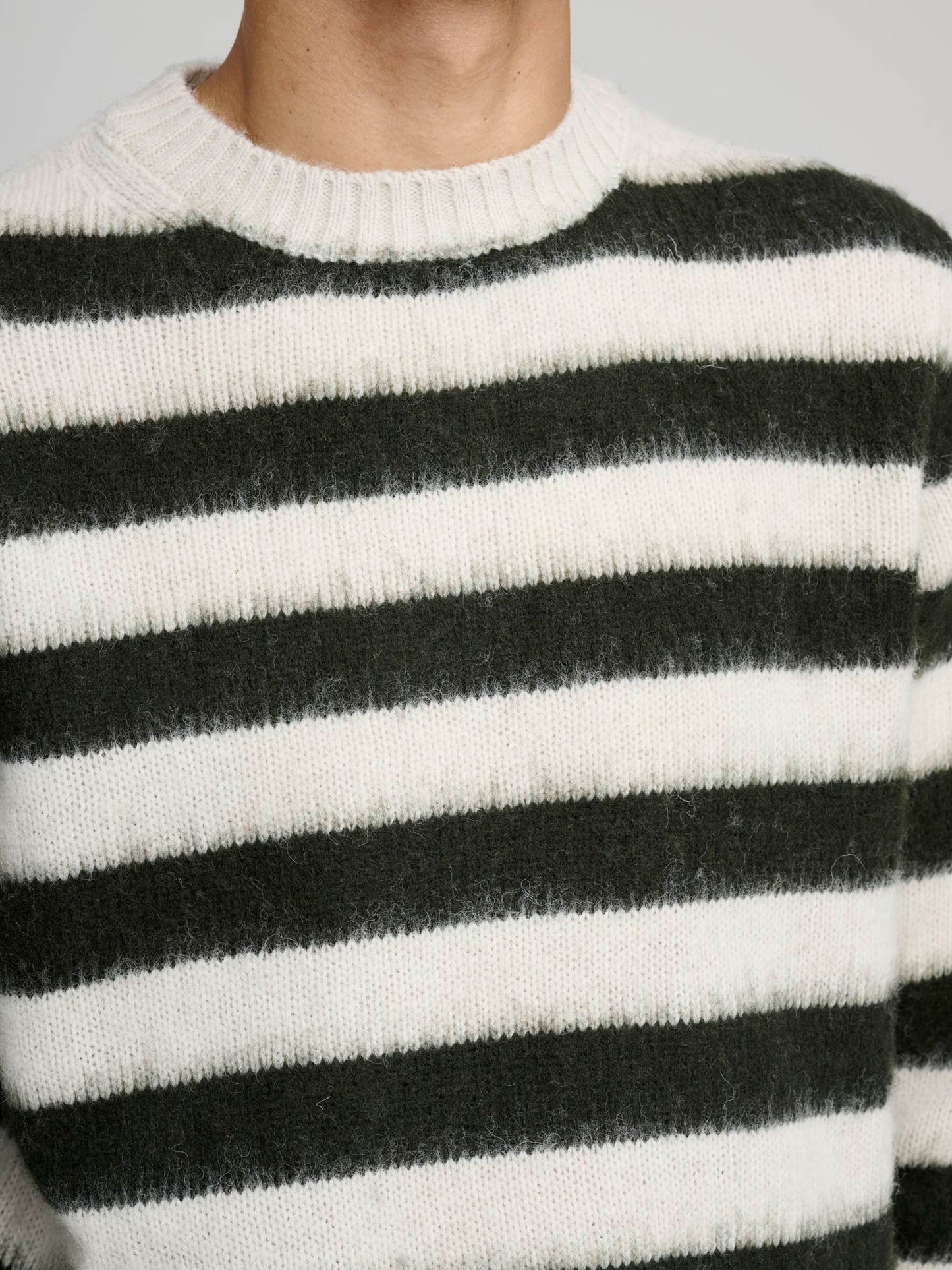 Brushed Wool Knit, Ecru & Green Stripe