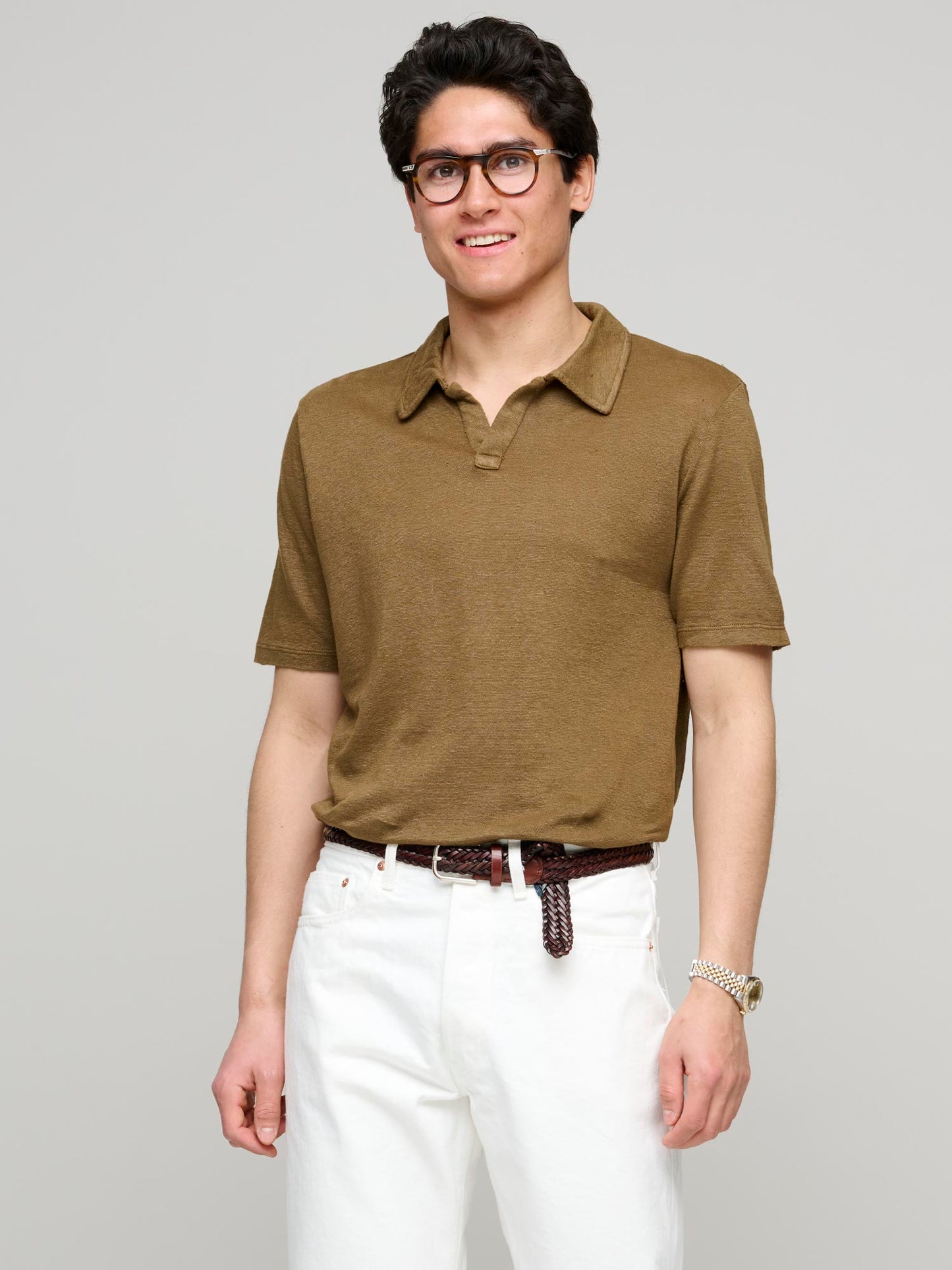 Aruba Open Collar Linen Polo, Cocoa