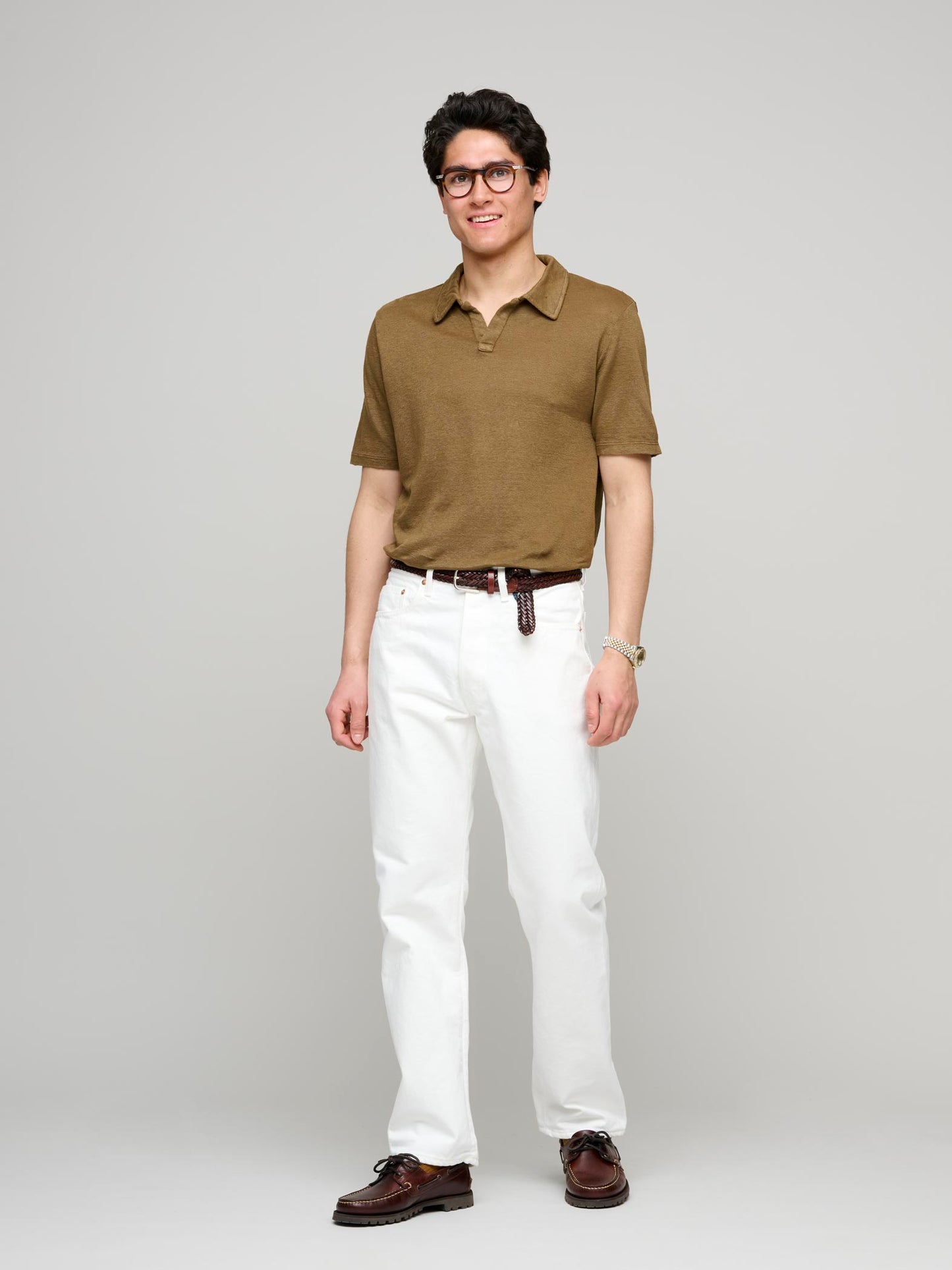 Aruba Open Collar Linen Polo, Cocoa