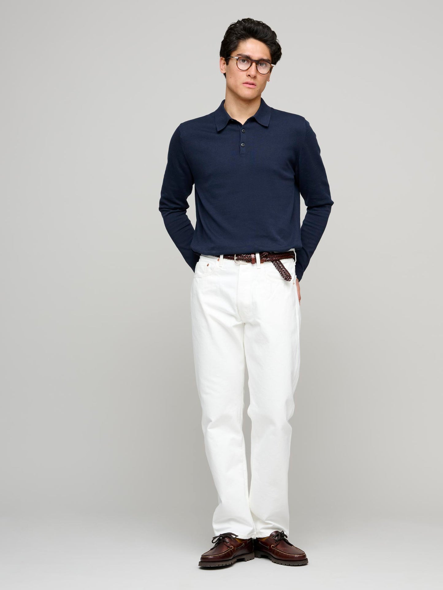 Sea Island Cotton Long Sleeve Polo Shirt, Light Navy