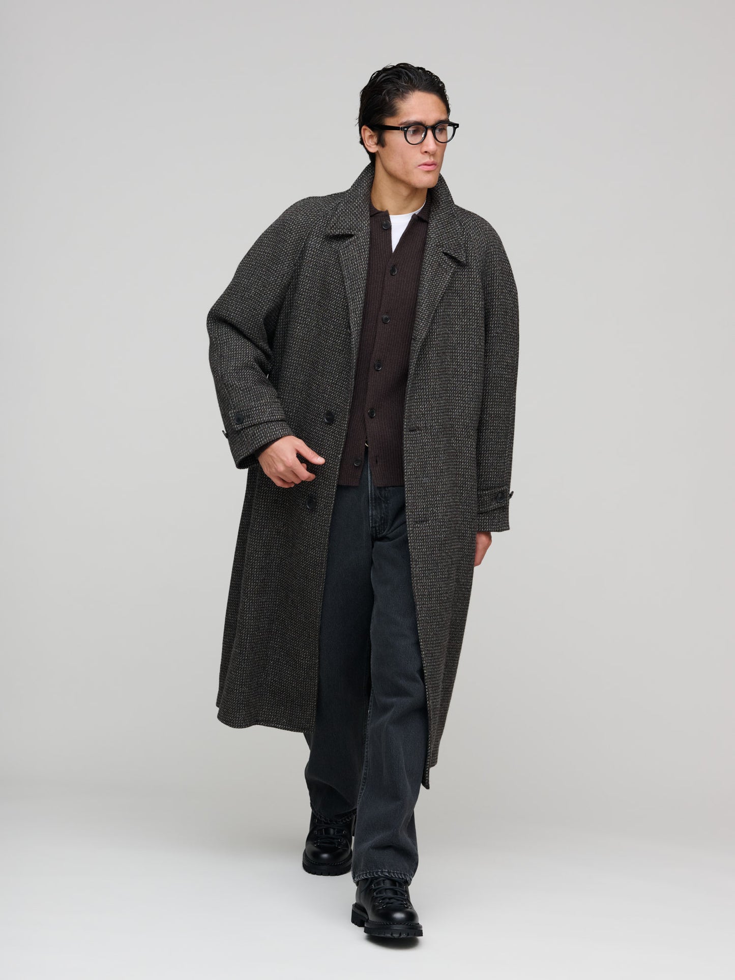 Alpaca Wool Silk Tweed Soutien Collar Coat, Gray Brown Hairline