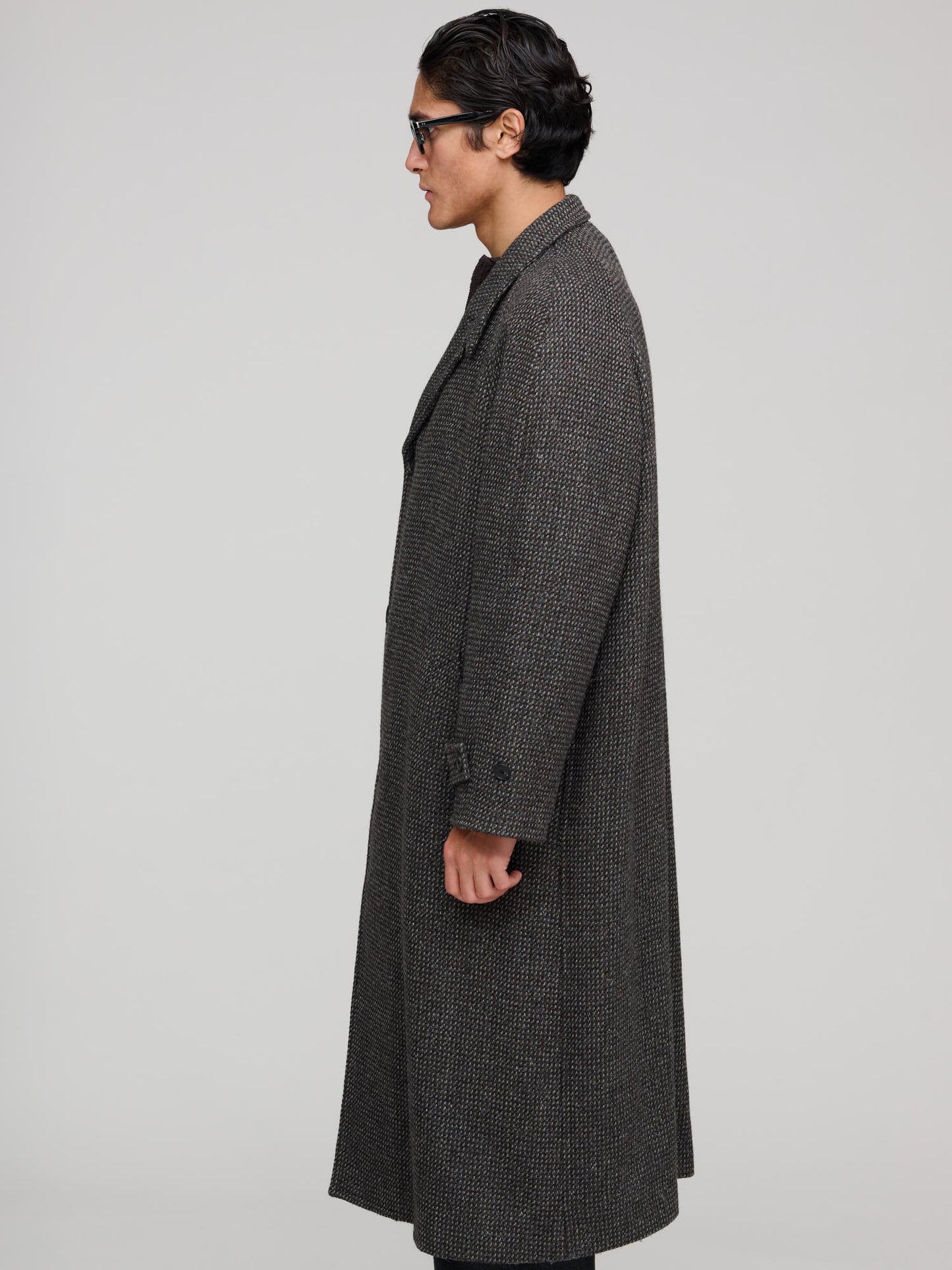 Alpaca Wool Silk Tweed Soutien Collar Coat, Gray Brown Hairline