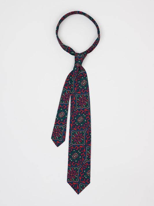 Silk Self Tipped Tie Baroque Paisley Print , Red & Green