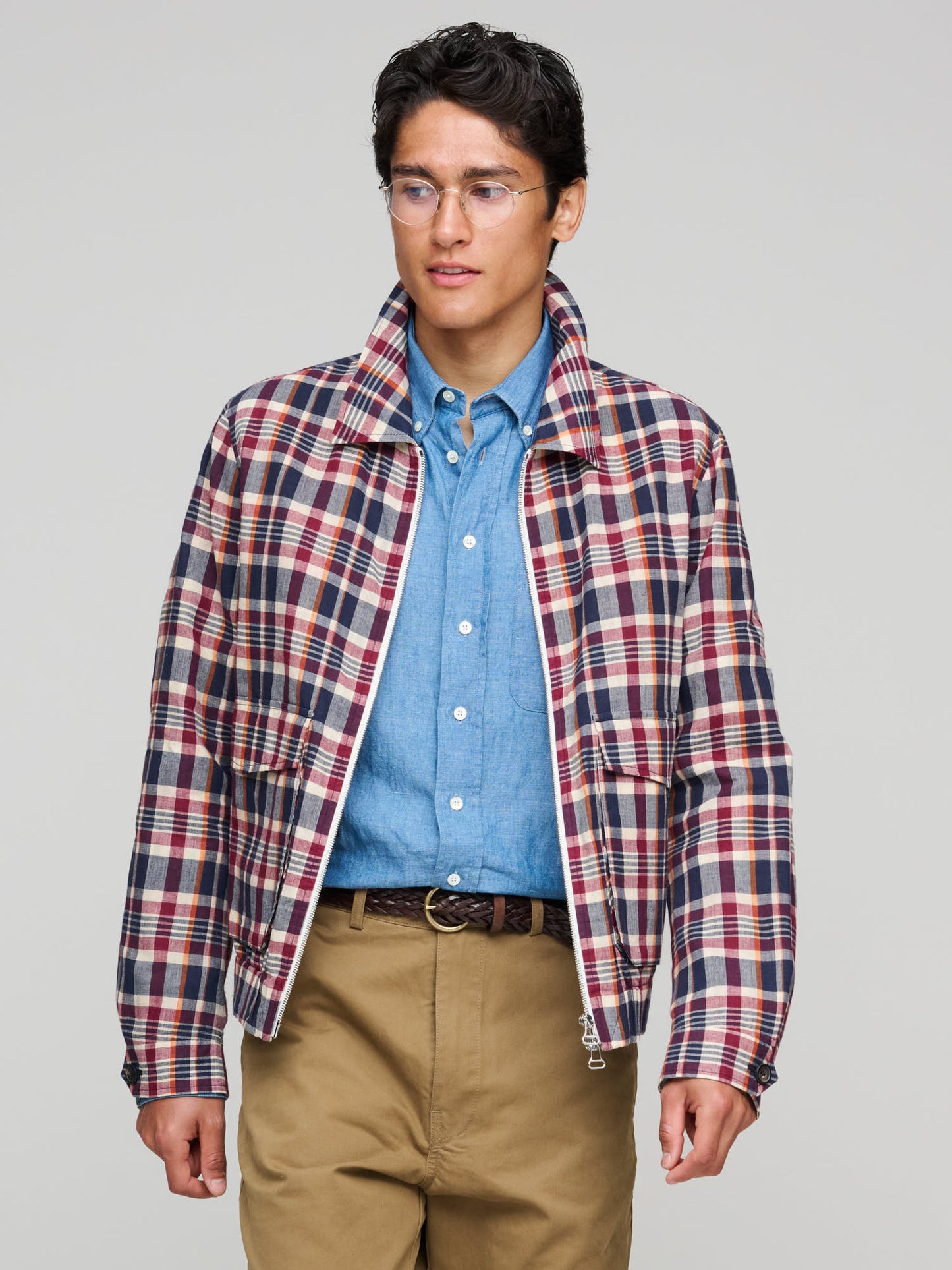 Waxed Madras Tennis Blouson, Navy, Rust & Ecru