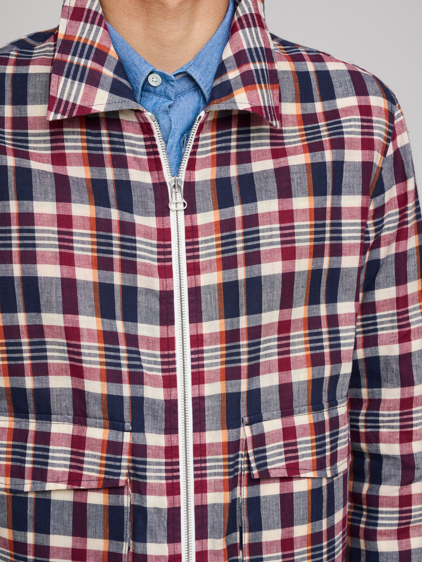Waxed Madras Tennis Blouson, Navy, Rust & Ecru