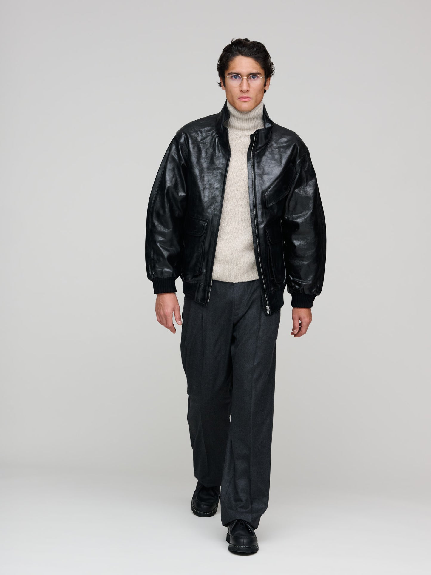 Lamb Leather Zip Blouson, Black