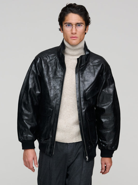 Lamb Leather Zip Blouson, Black
