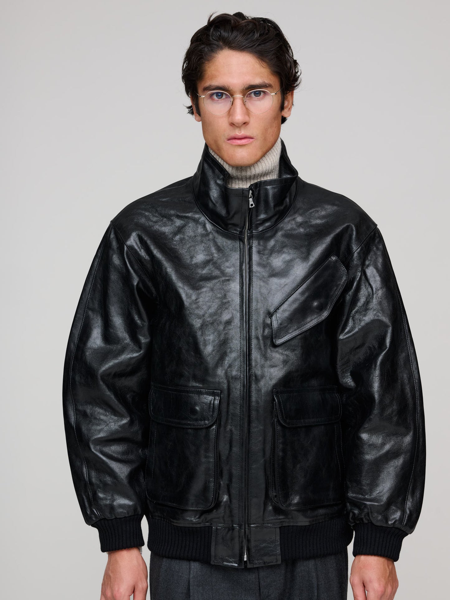 Lamb Leather Zip Blouson, Black