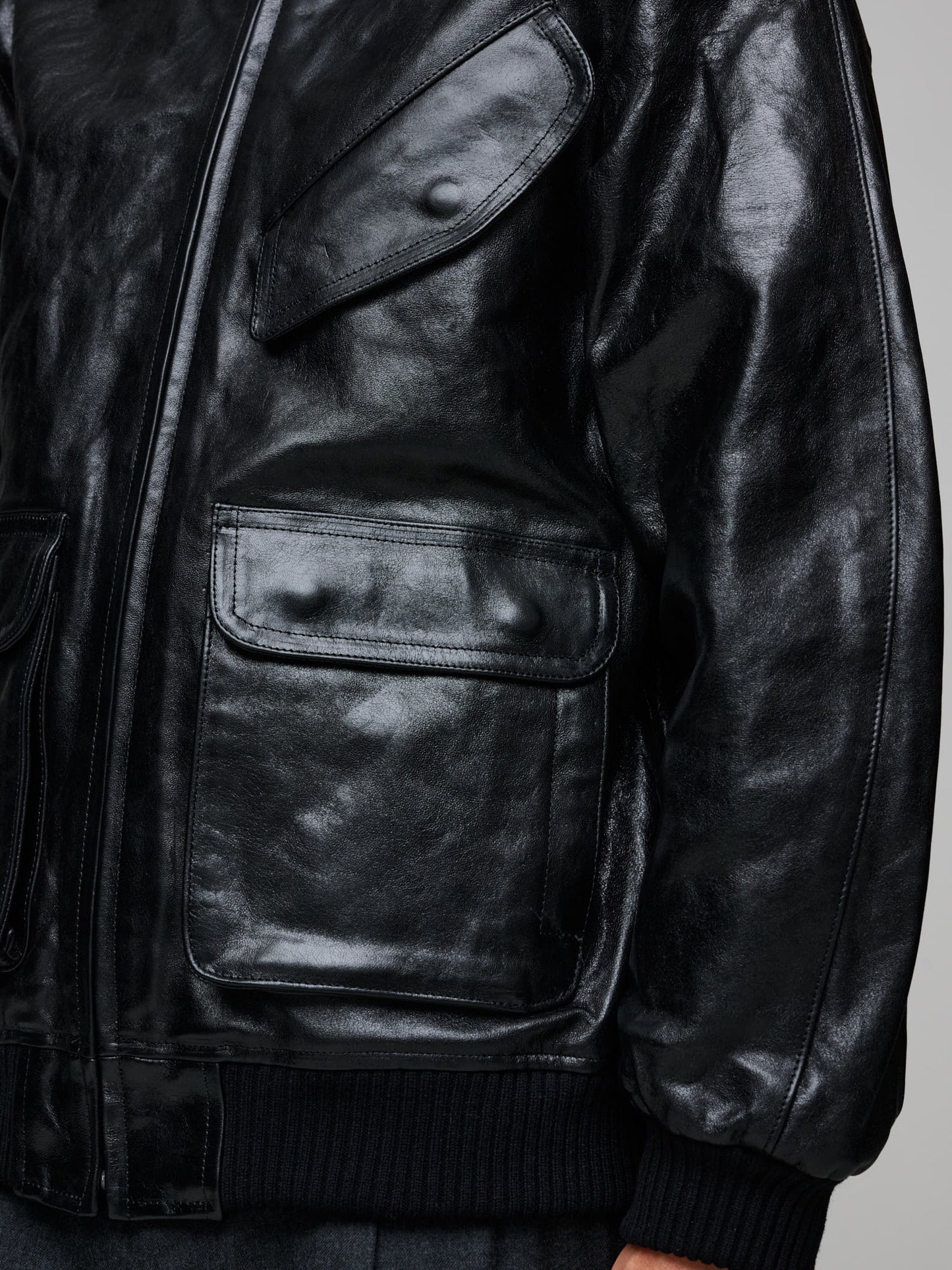 Lamb Leather Zip Blouson, Black