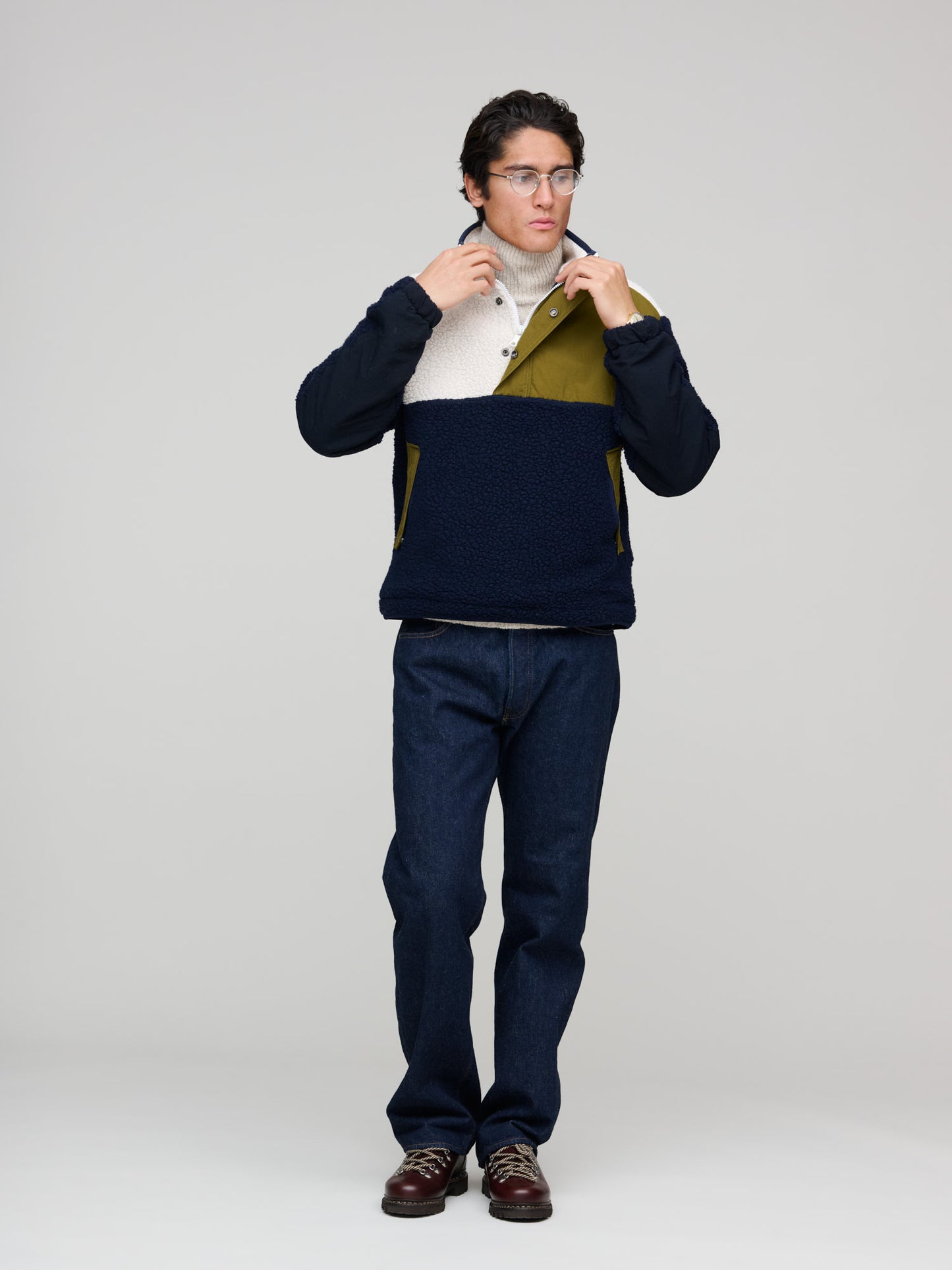 Boucle Wool Half-Zip Fleece Jacket, Navy Ecru & Khaki