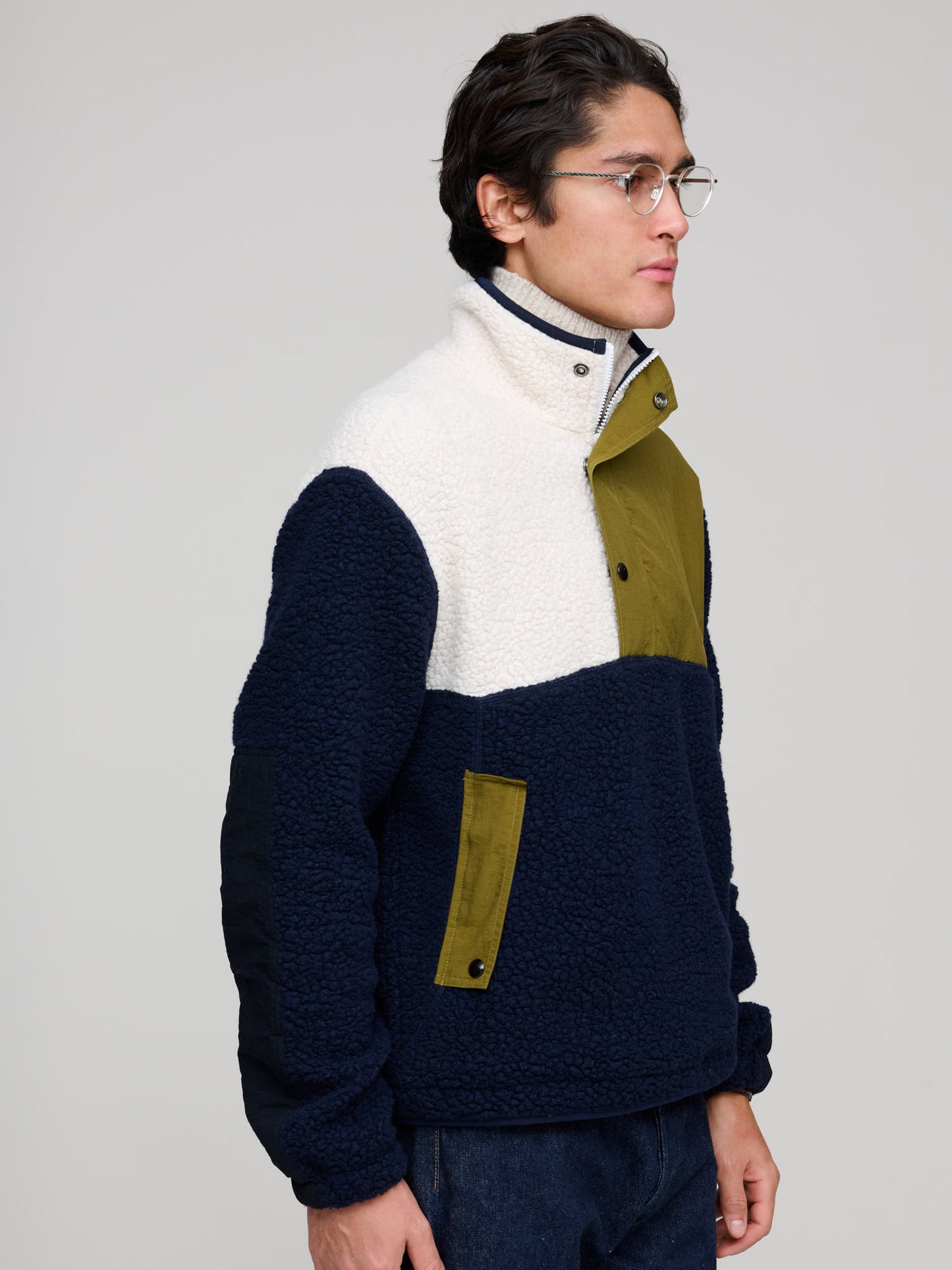 Boucle Wool Half-Zip Fleece Jacket, Navy Ecru & Khaki