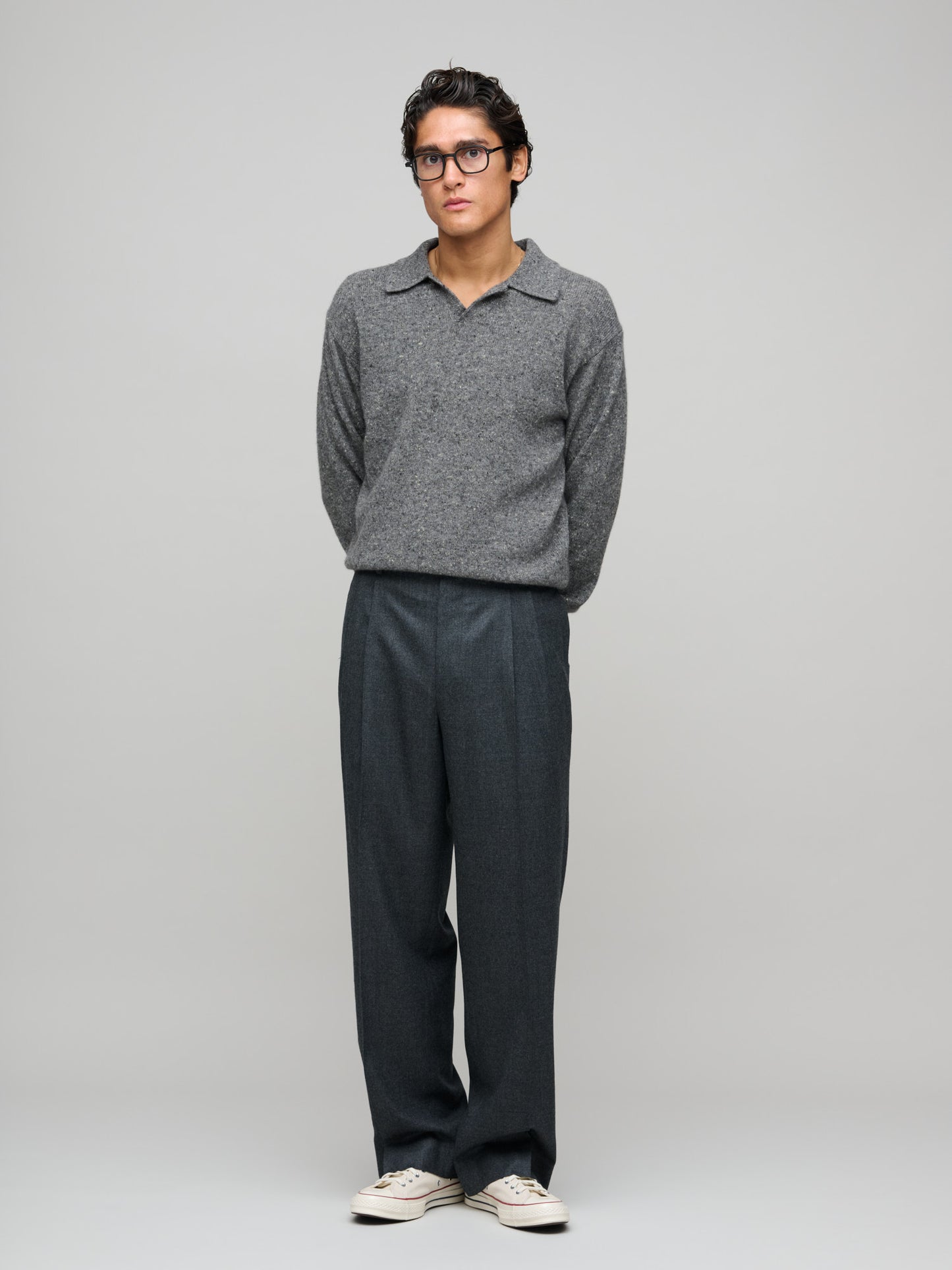 Cashmere Nep Knit Polo, Mix Grey