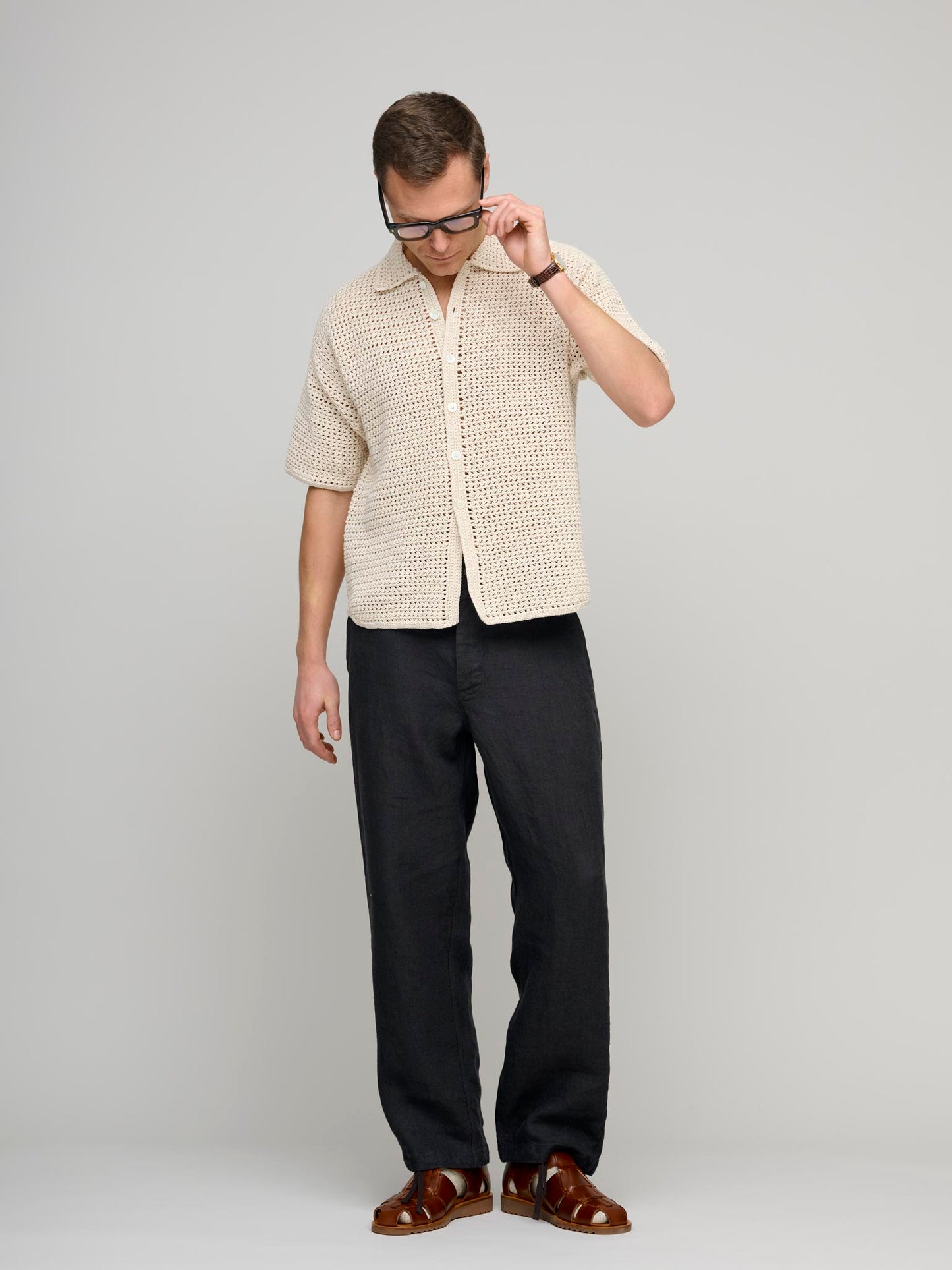 Hand Crochet Knit Half Sleeved Shirt, Ivory