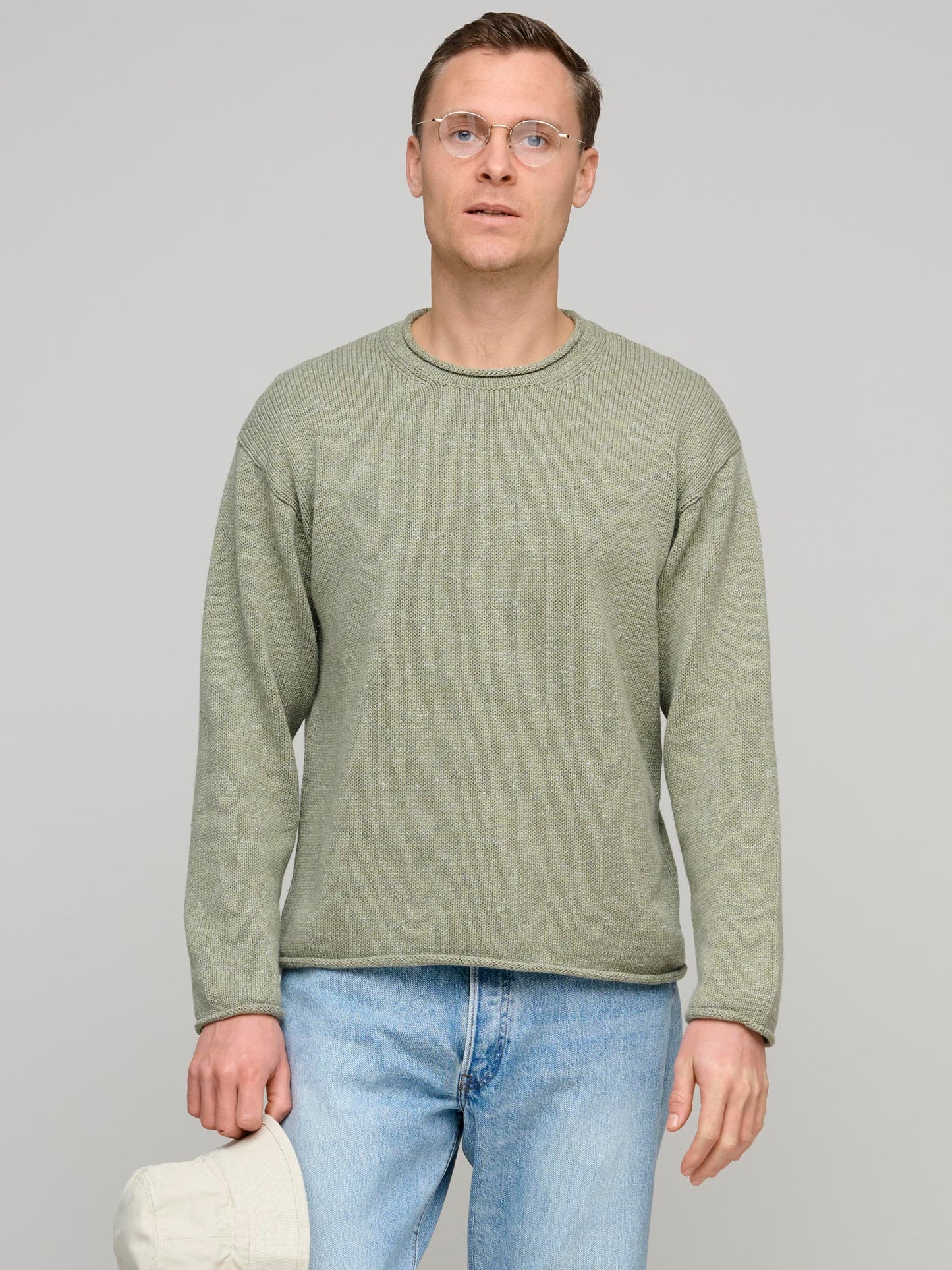 Rolling Cotton Linen Crew, Dusty Green