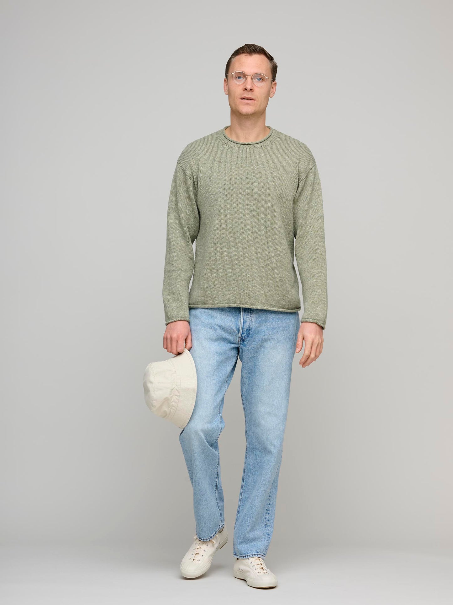 Rolling Cotton Linen Crew, Dusty Green