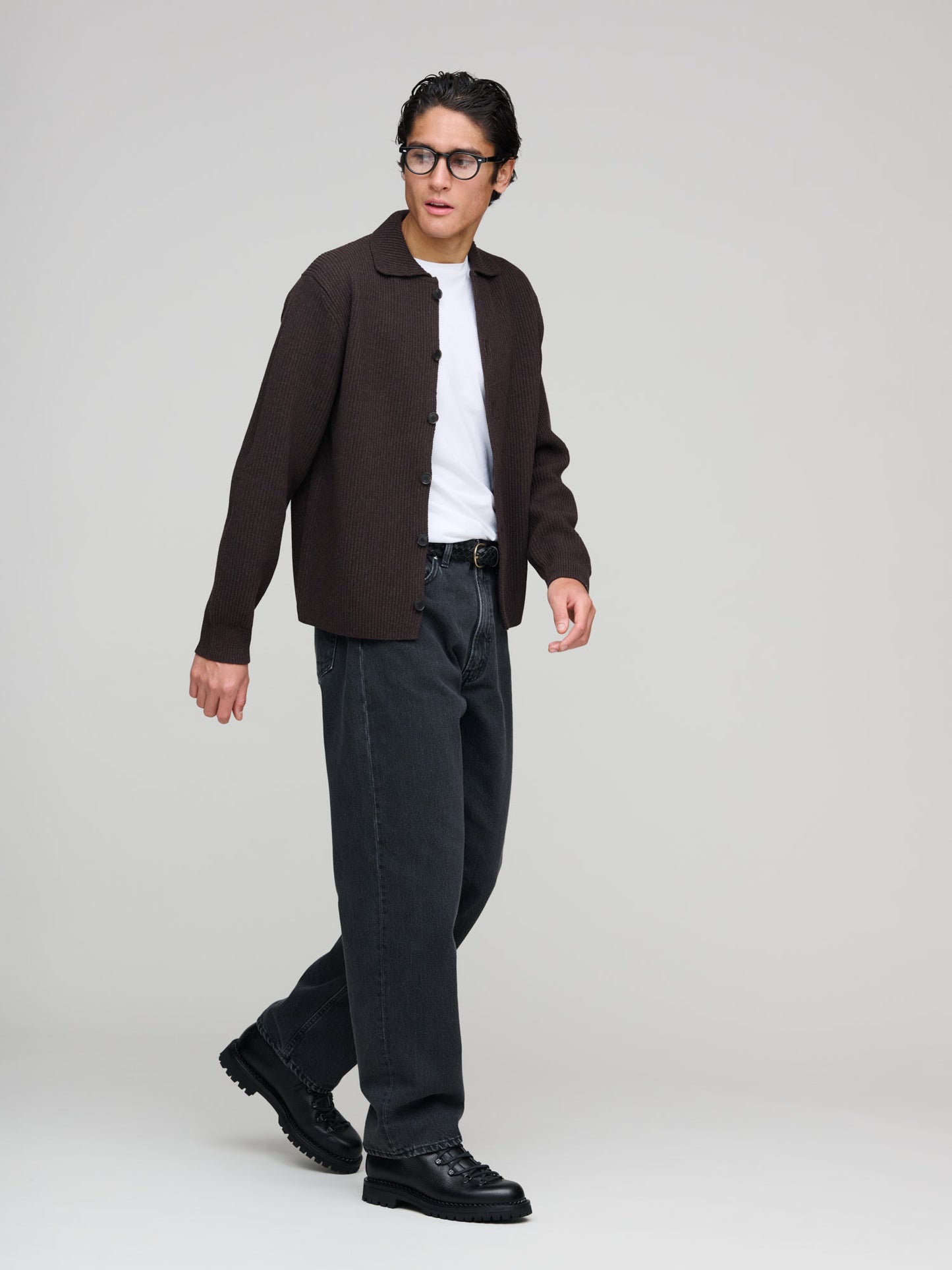 Super Fine Wool Rib Knit Shirt Cardigan, Brown