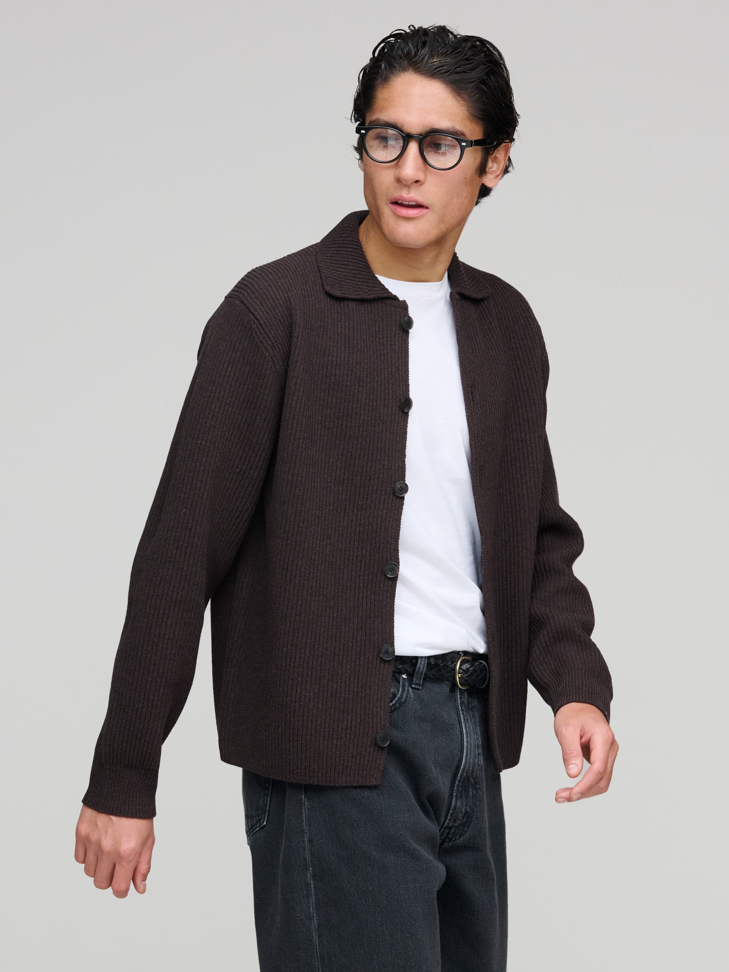 Super Fine Wool Rib Knit Shirt Cardigan, Brown – Goods