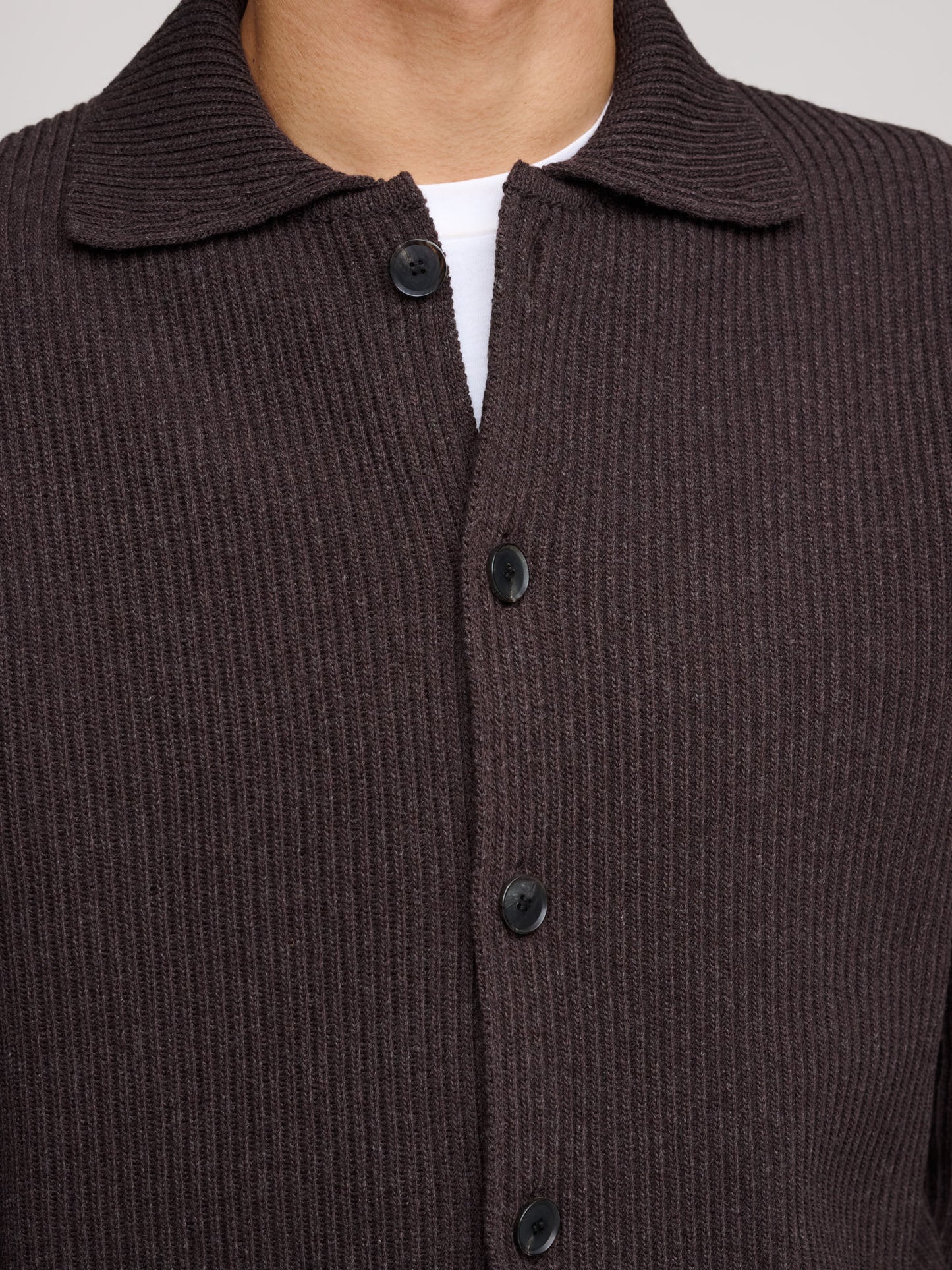 Super Fine Wool Rib Knit Shirt Cardigan, Brown