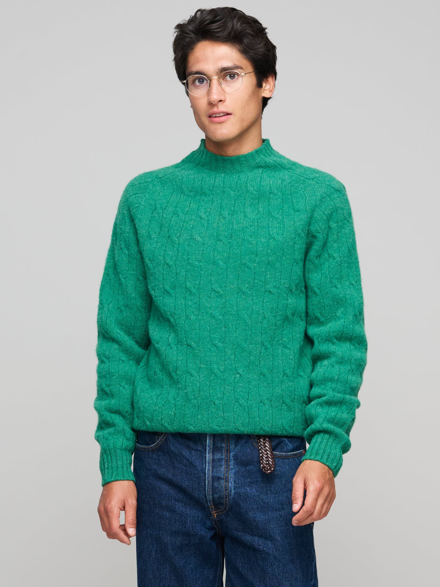 Brushed Shetland Cable Knit Crew Neck Jumper Green