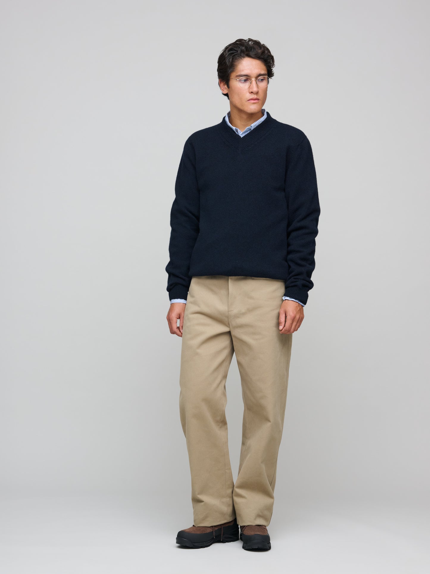 Lambswool V-neck Jumper, Dark Navy Mouline