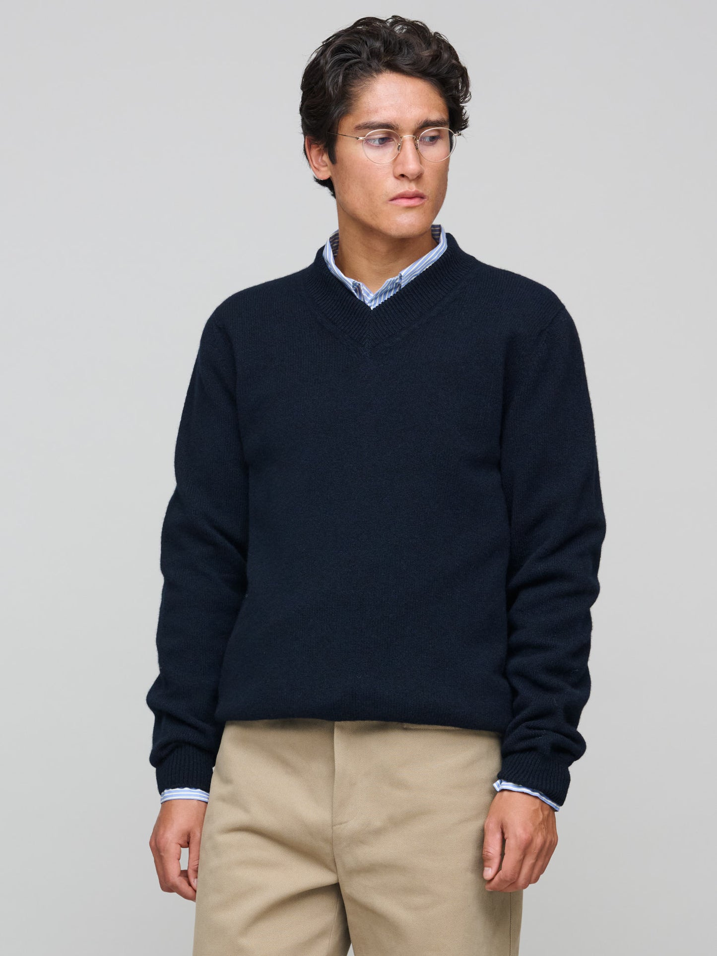 Lambswool V-neck Jumper, Dark Navy Mouline