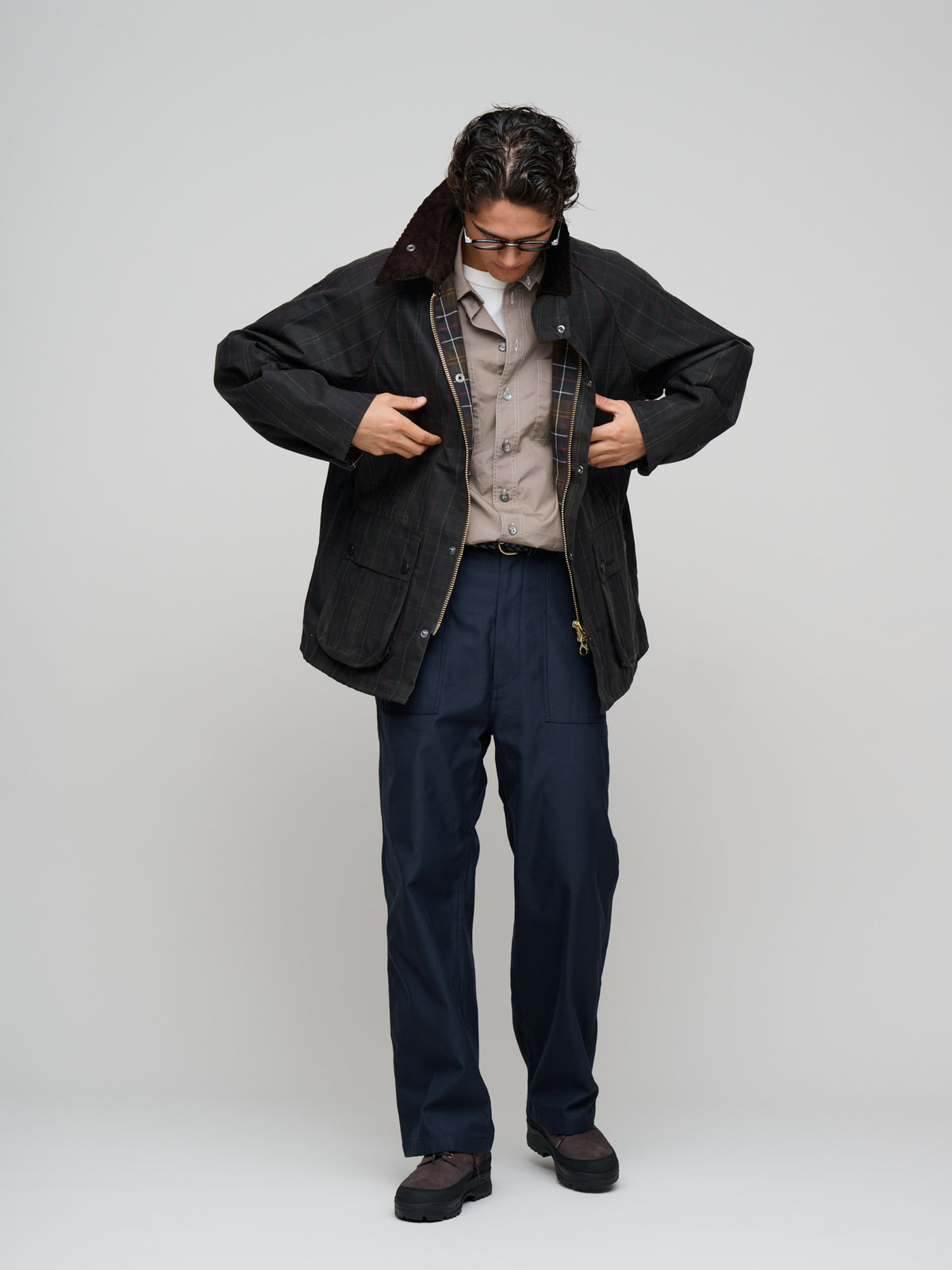 Tartan Oversized Bedale Wax Jacket, Olive