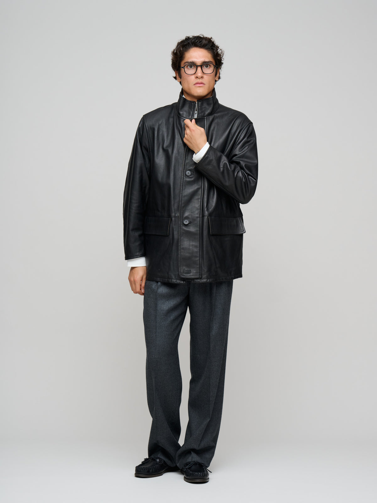 Reversible Wool Twisted Twill / Lamb Leather Half Coat, Brown Chambray & Black
