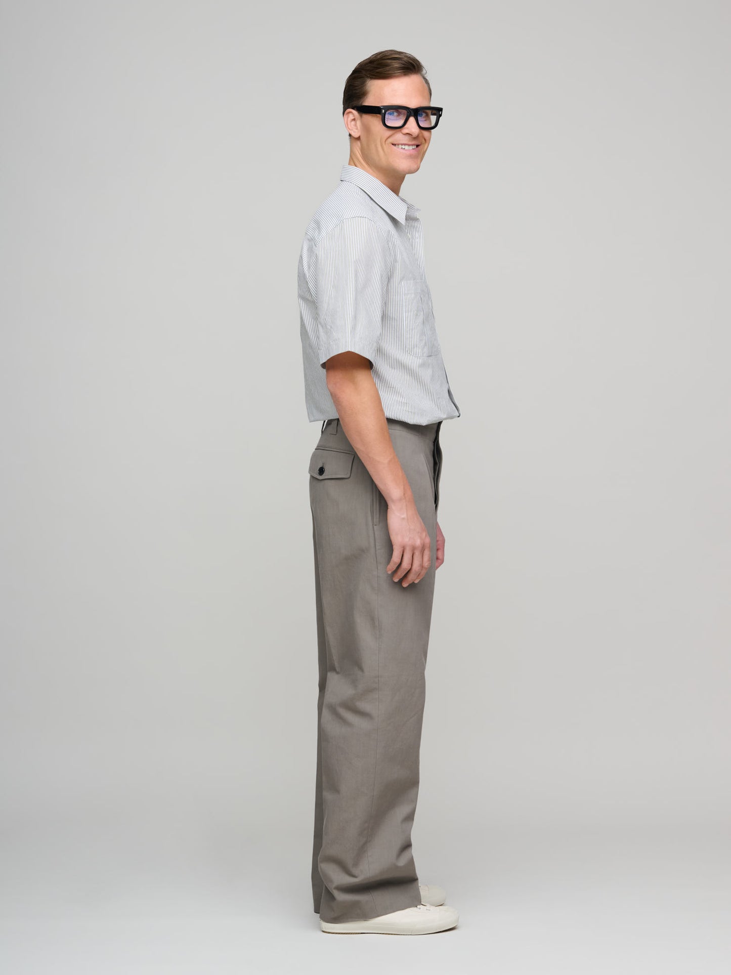 Wide Belt Loop Trousers Dense Cotton Drill, Pebble