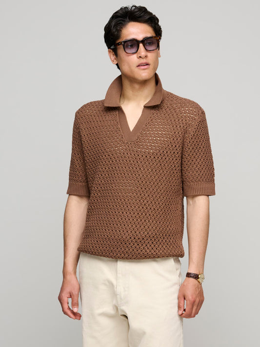 Open Stitch Polo Shirt, Brown