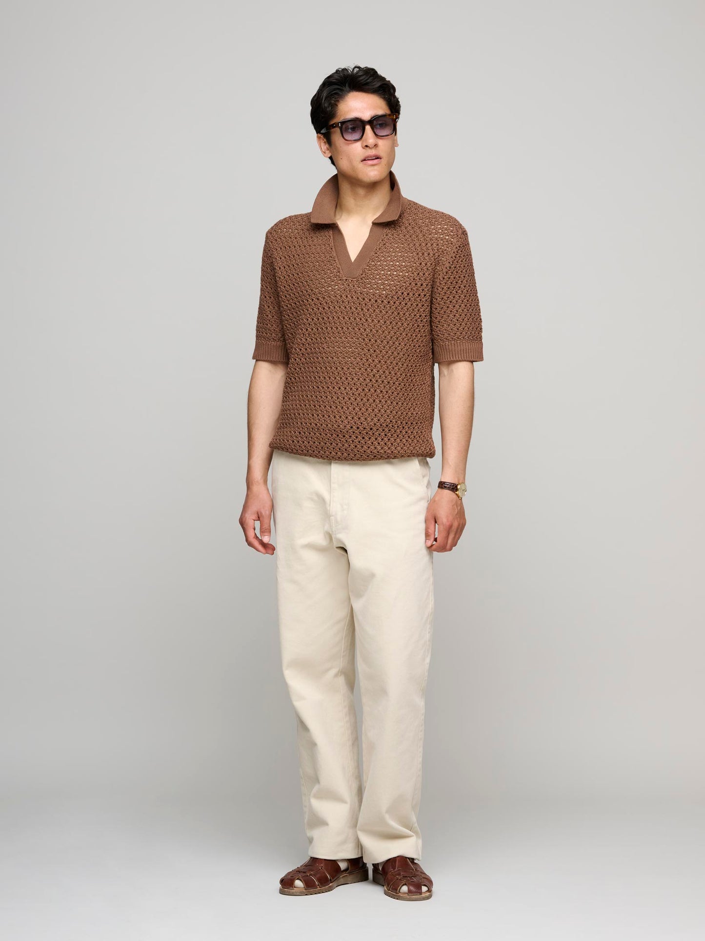 Open Stitch Polo Shirt, Brown