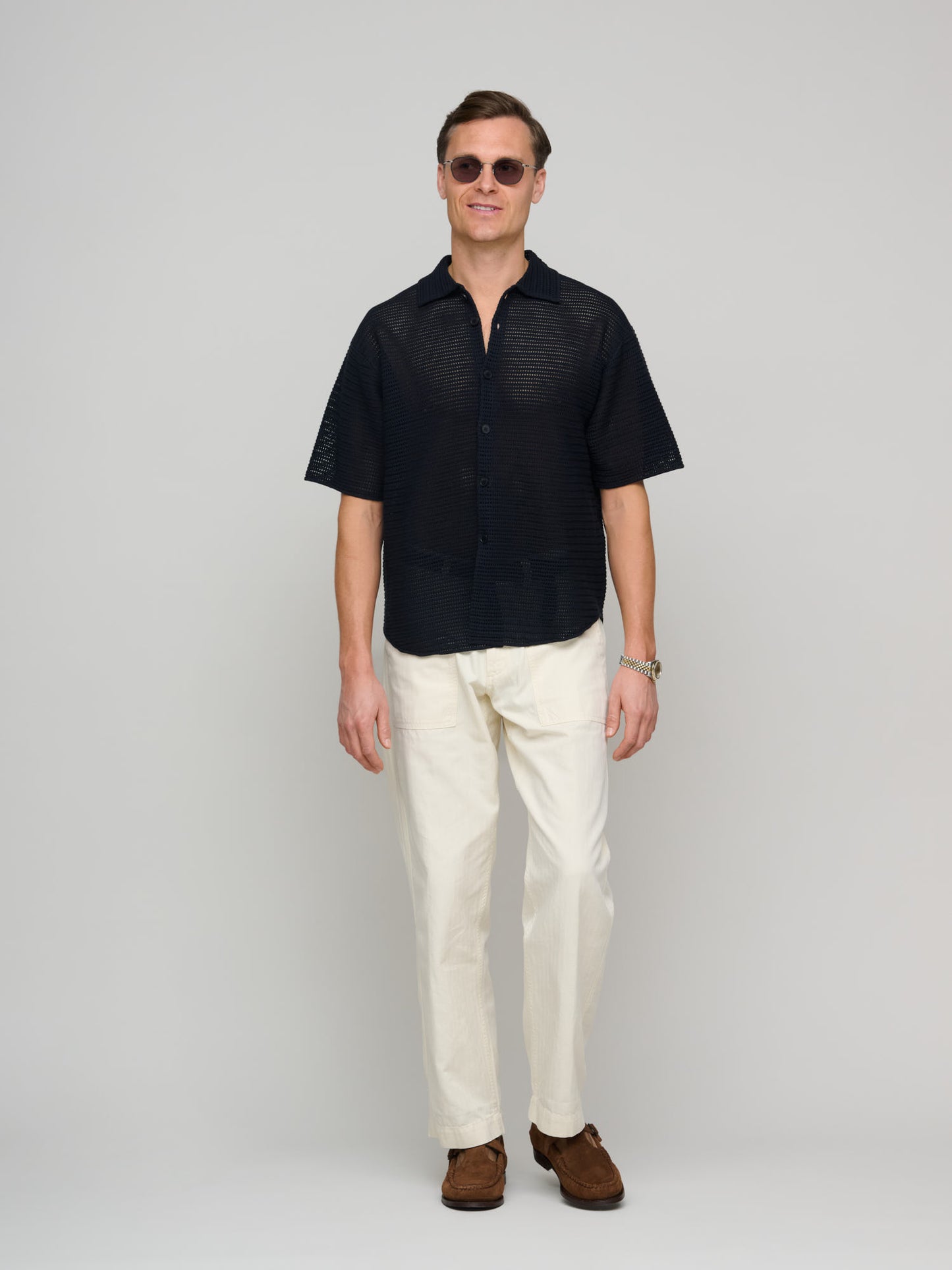 Cotton Mesh Knit Half Sleeved Shirt, Dark Navy