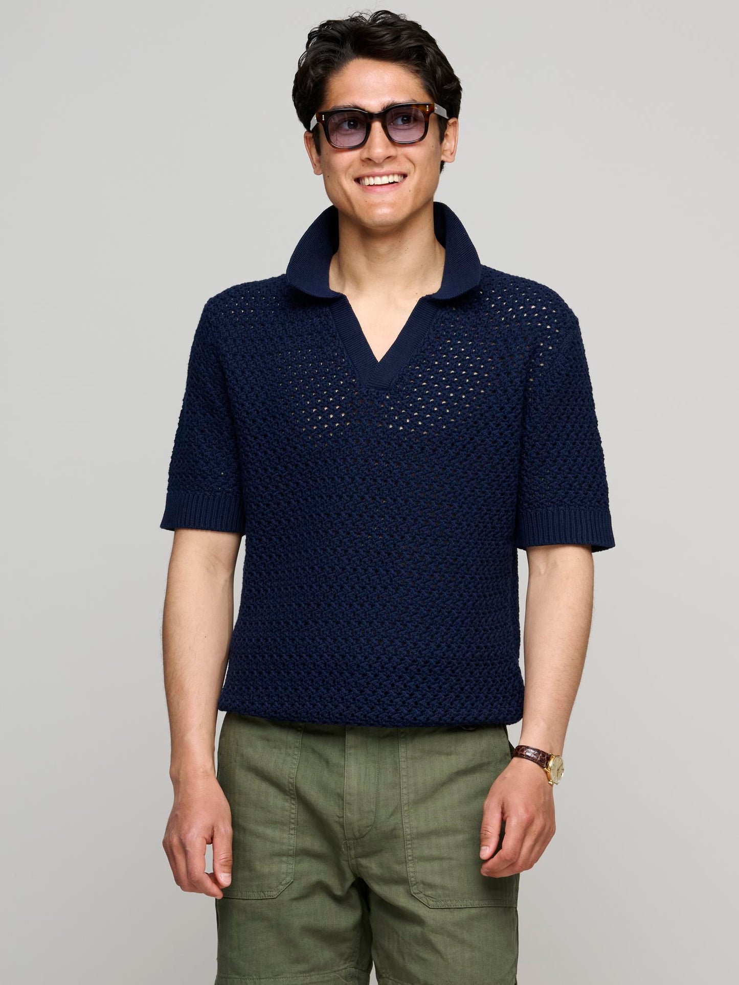 Open Stitch Polo Shirt, Navy