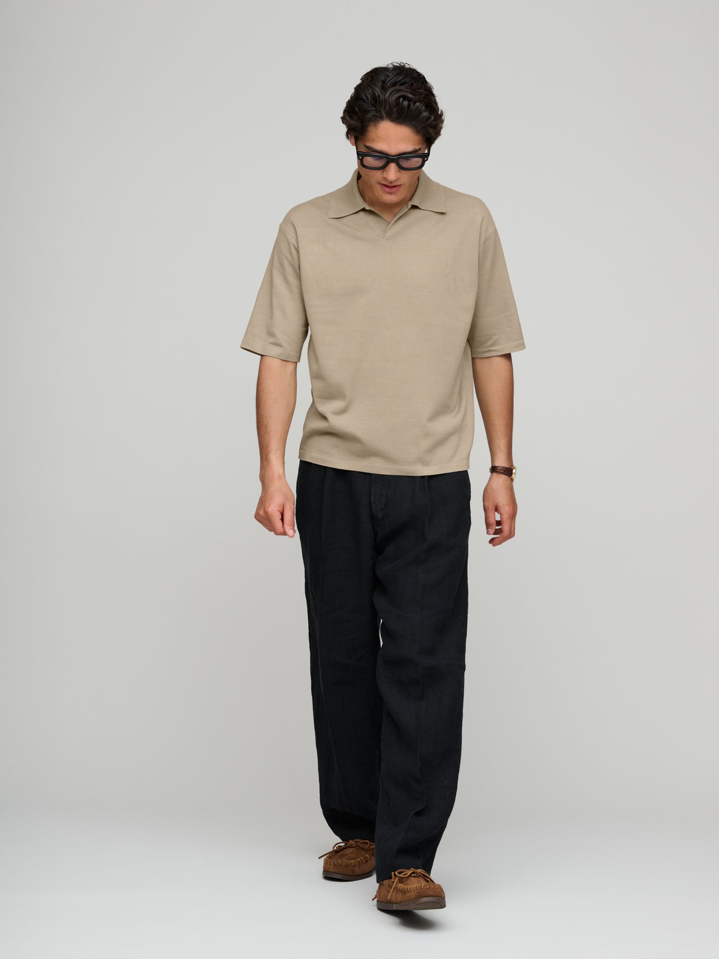 Tussah Silk Knit Skipper Polo, Khaki Beige