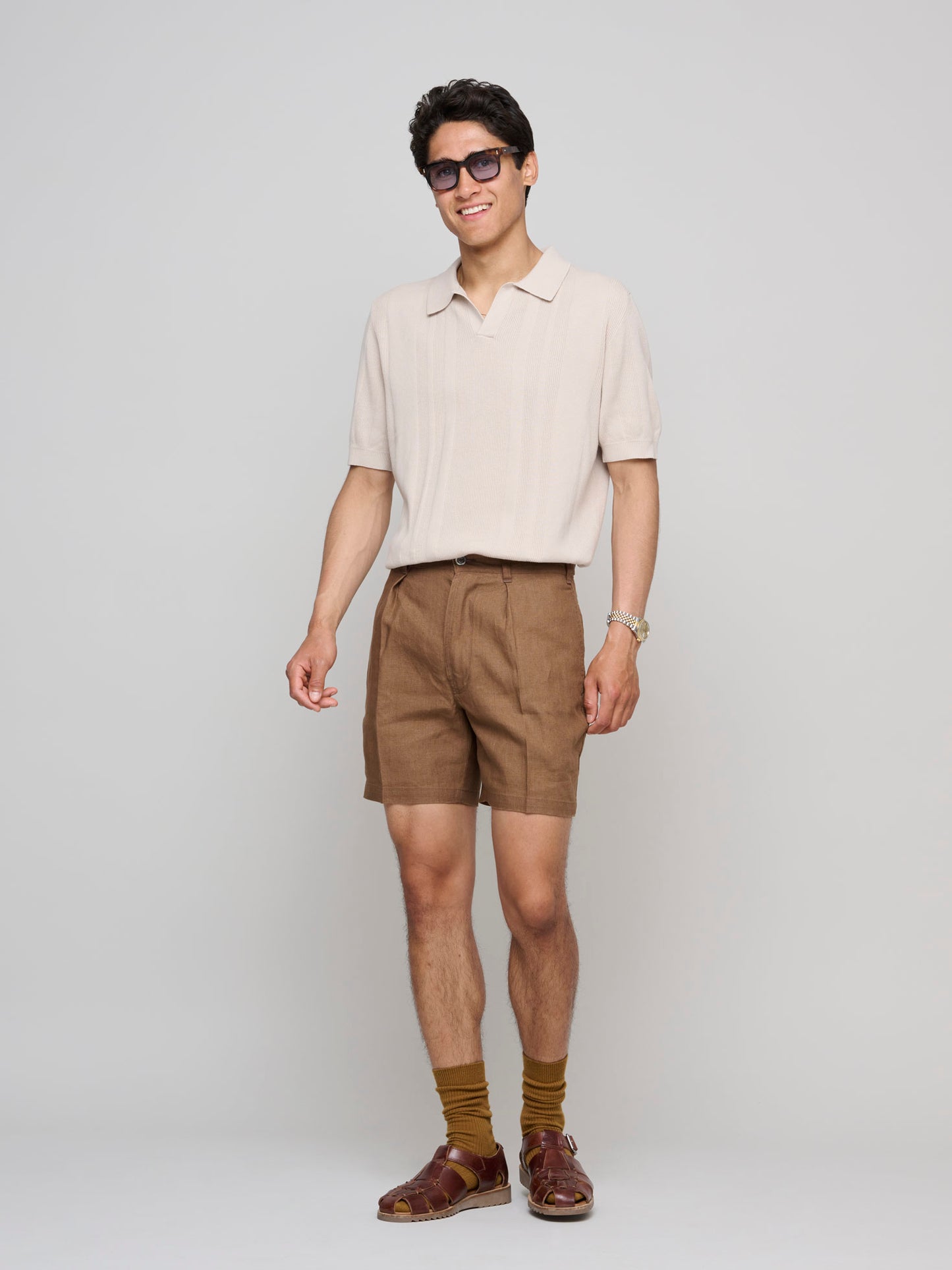 Linen One Pleat Chino Shorts, Coffee