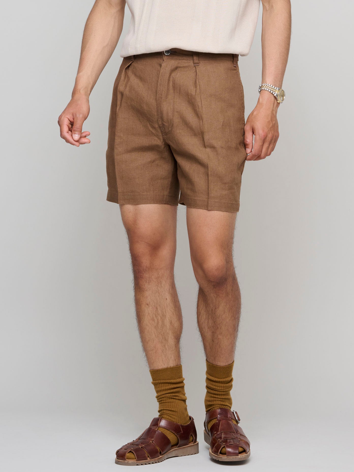 Linen One Pleat Chino Shorts, Coffee