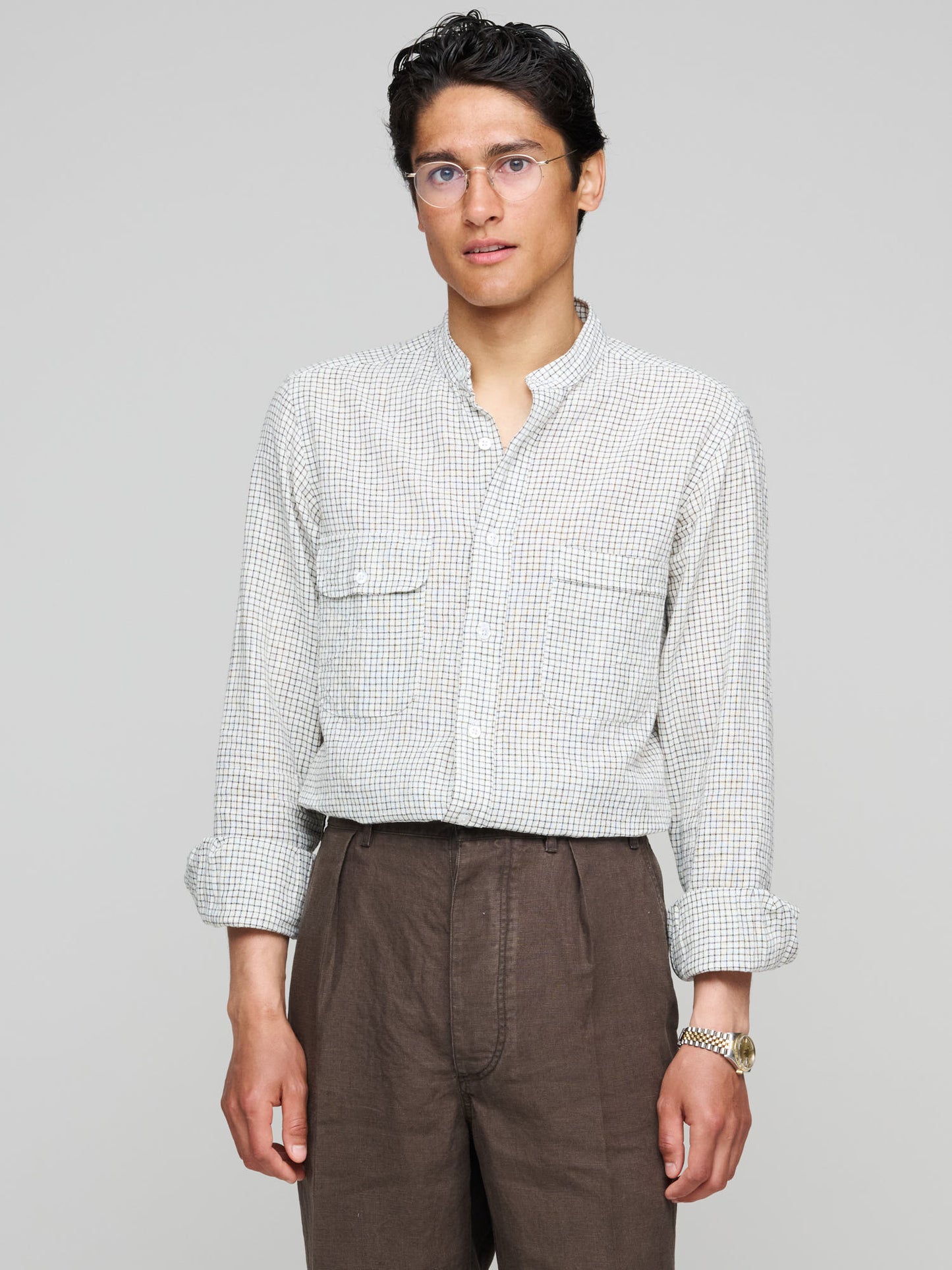 Grandad Collar Linen Cotton Check Shirt, Black & White
