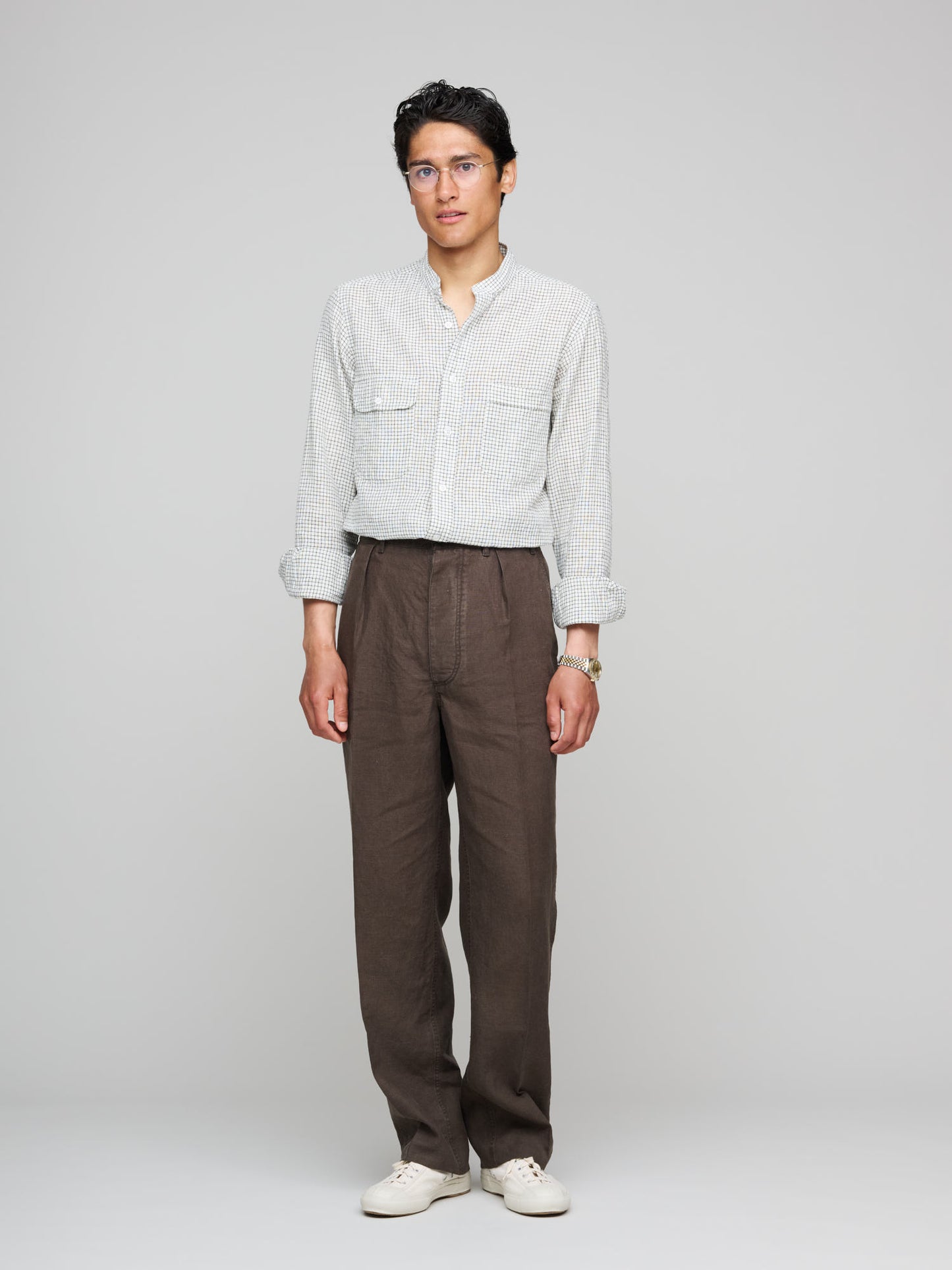 Grandad Collar Linen Cotton Check Shirt, Black & White
