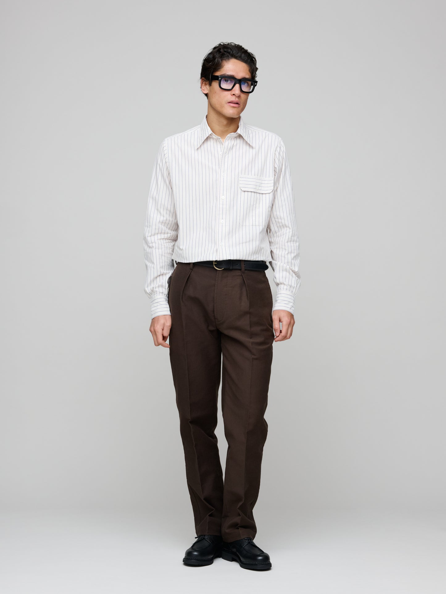 Selvedge Cotton Long Point Collar Shirt, Navy Pencil Stripe