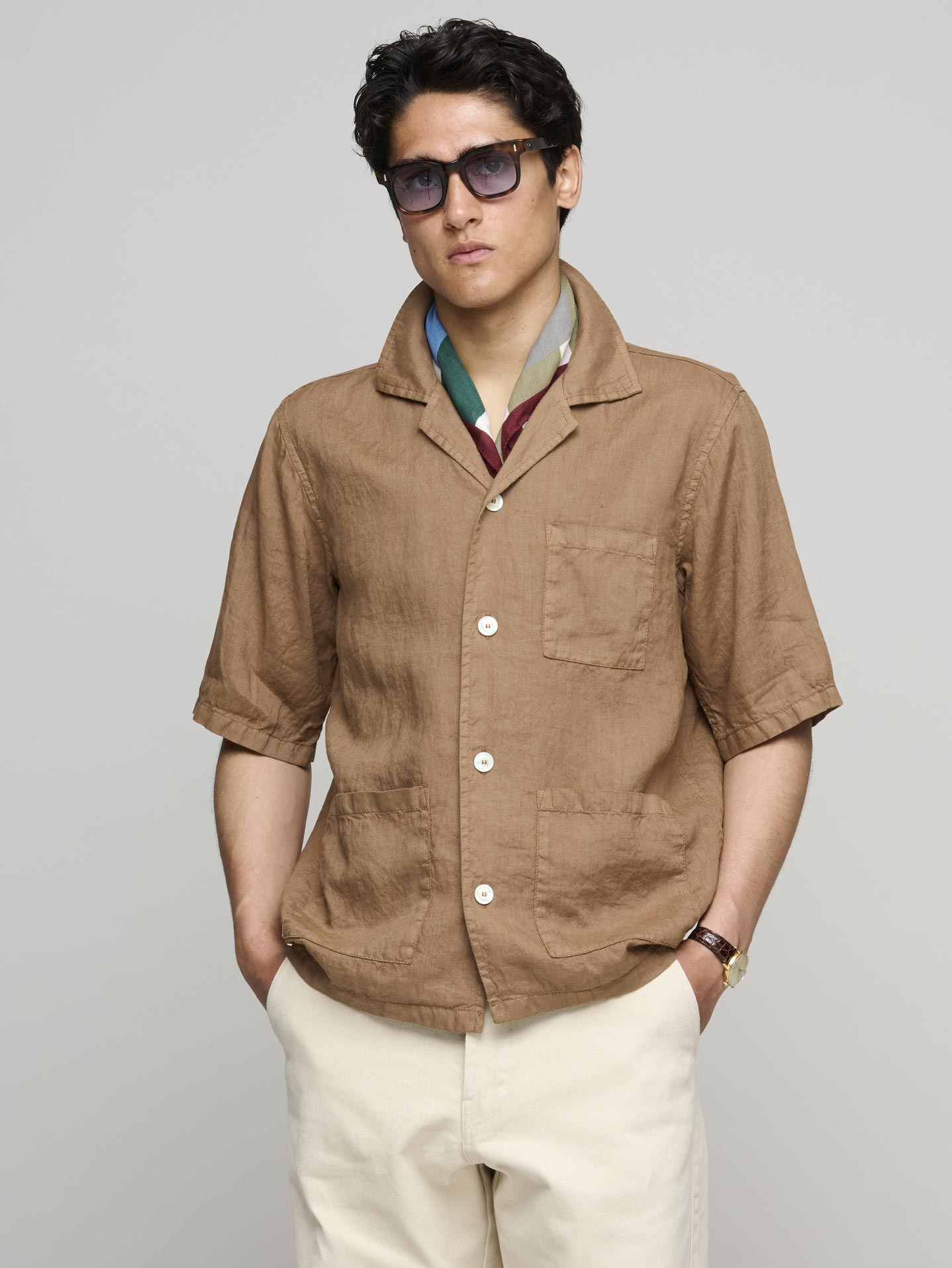 Ago Short Sleeve Linen Shirt, Brown