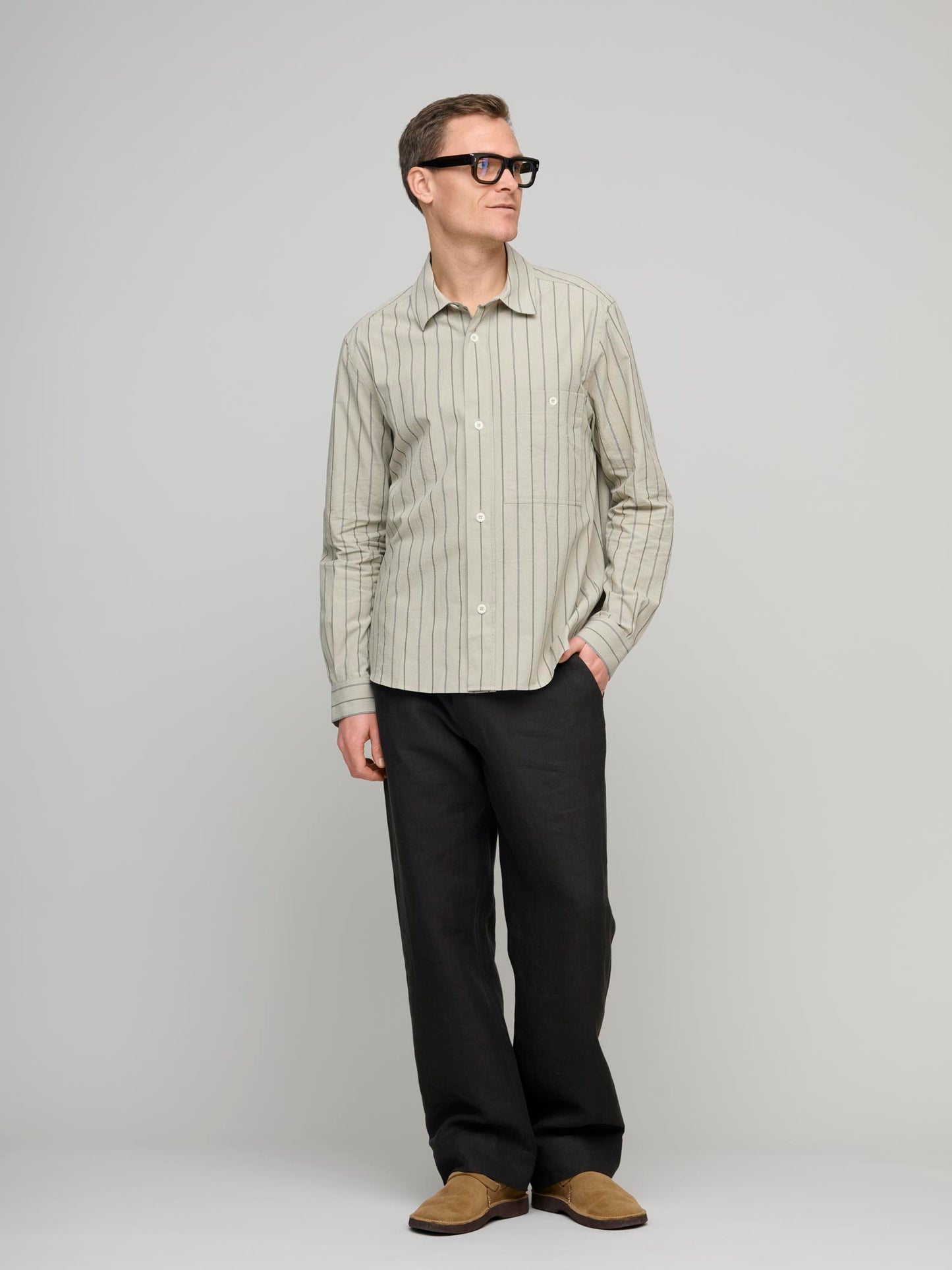 Overall Shirt Wide Stripe Cotton Linen, Stone/Navy/Bark