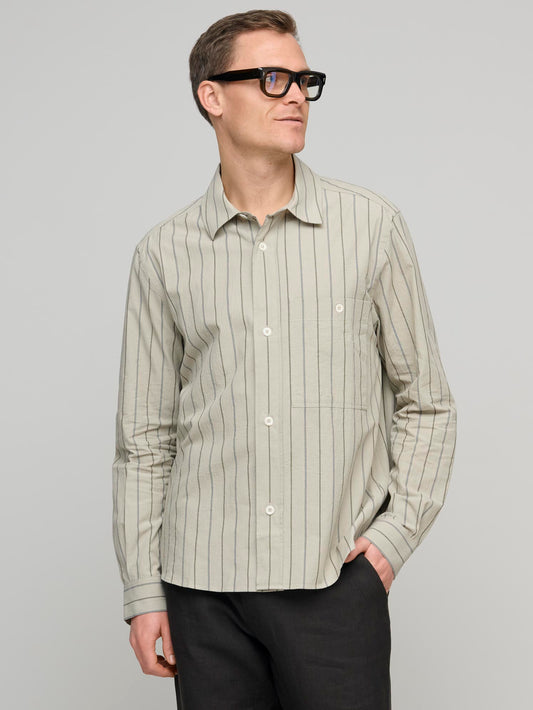 Overall Shirt Wide Stripe Cotton Linen, Stone/Navy/Bark