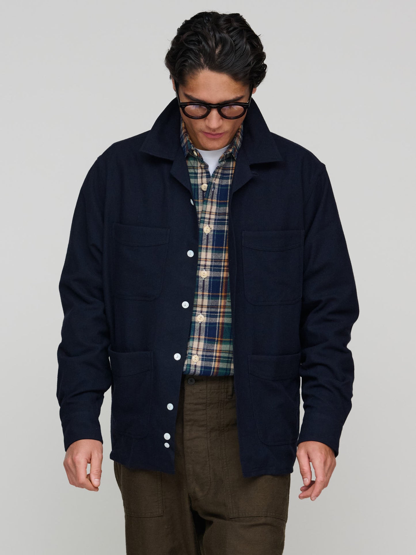 Wool Four-Pocket Camp Collar Work Shirt, Navy