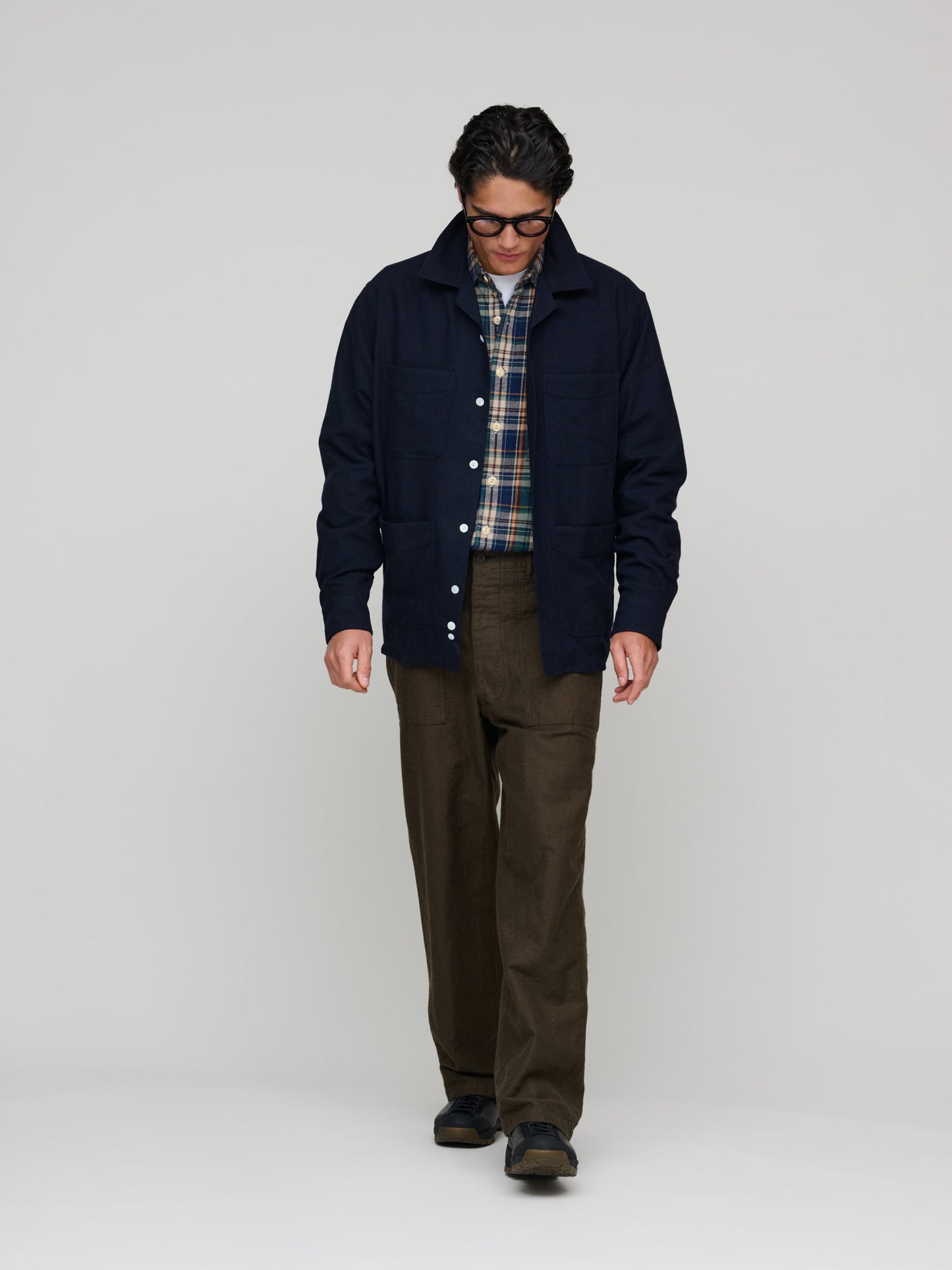 Wool Four-Pocket Camp Collar Work Shirt, Navy