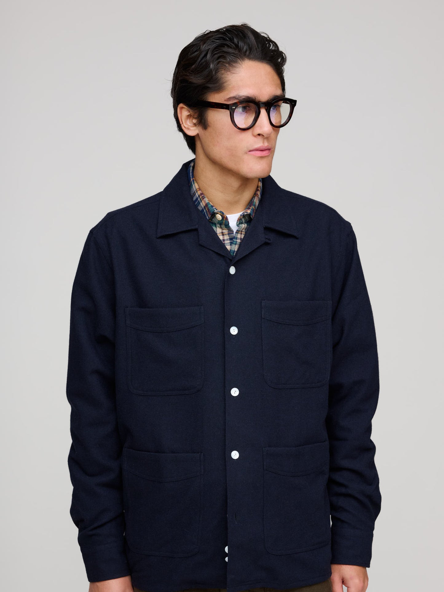 Wool Four-Pocket Camp Collar Work Shirt, Navy