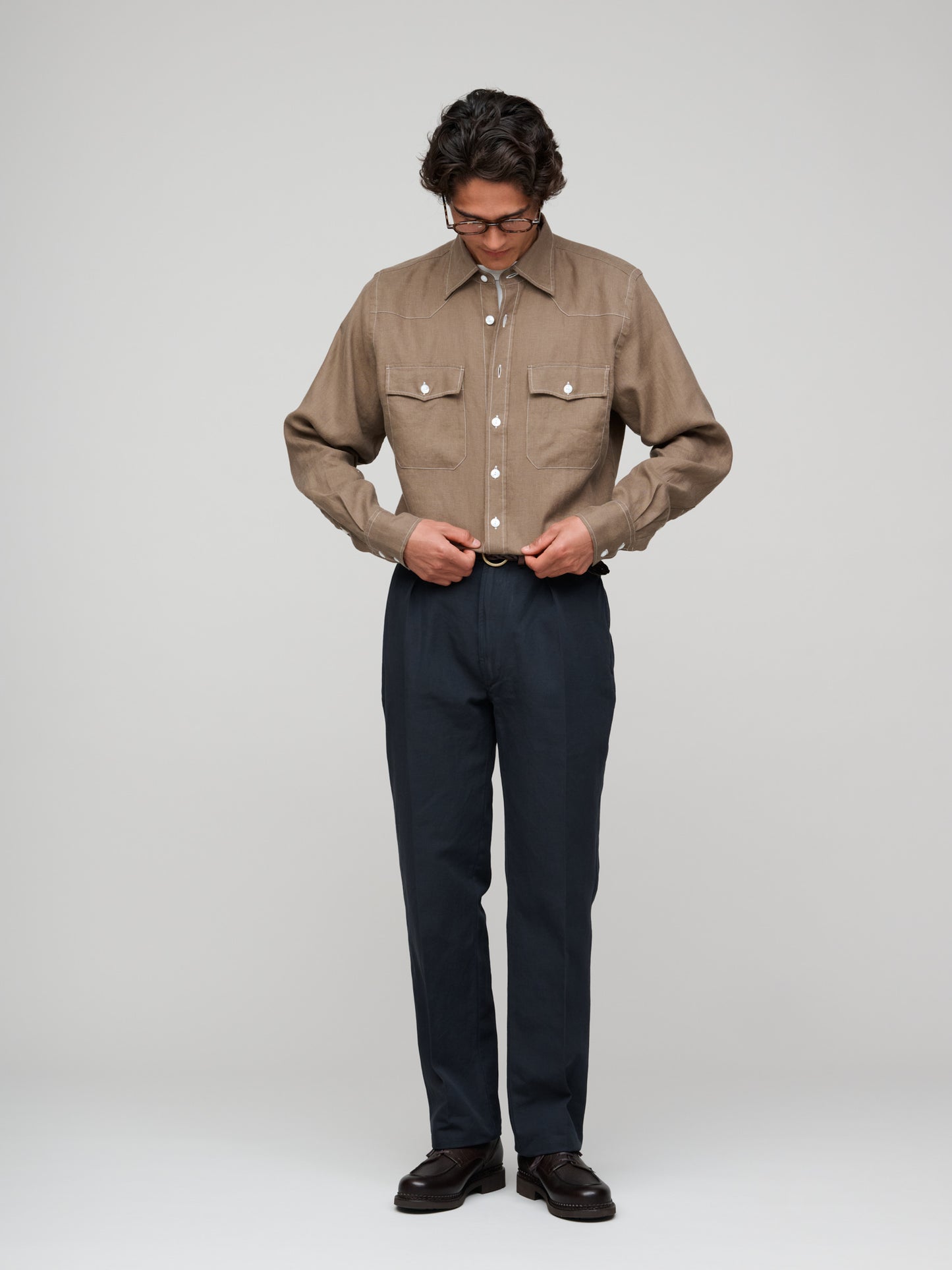 Solid Linen Western Shirt, Brown