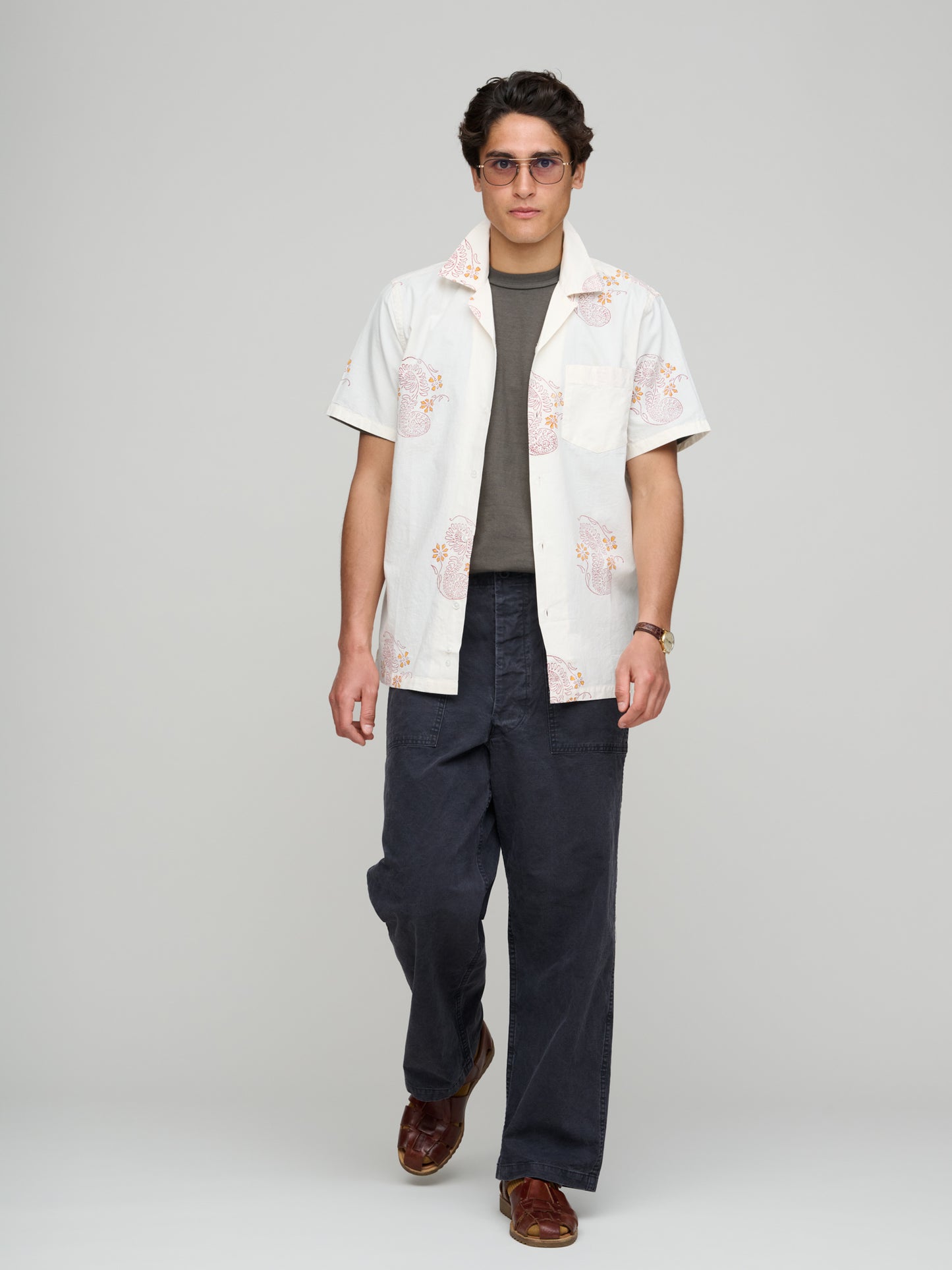 Floral Blk Print SS Camp Collar, Off W/Burg