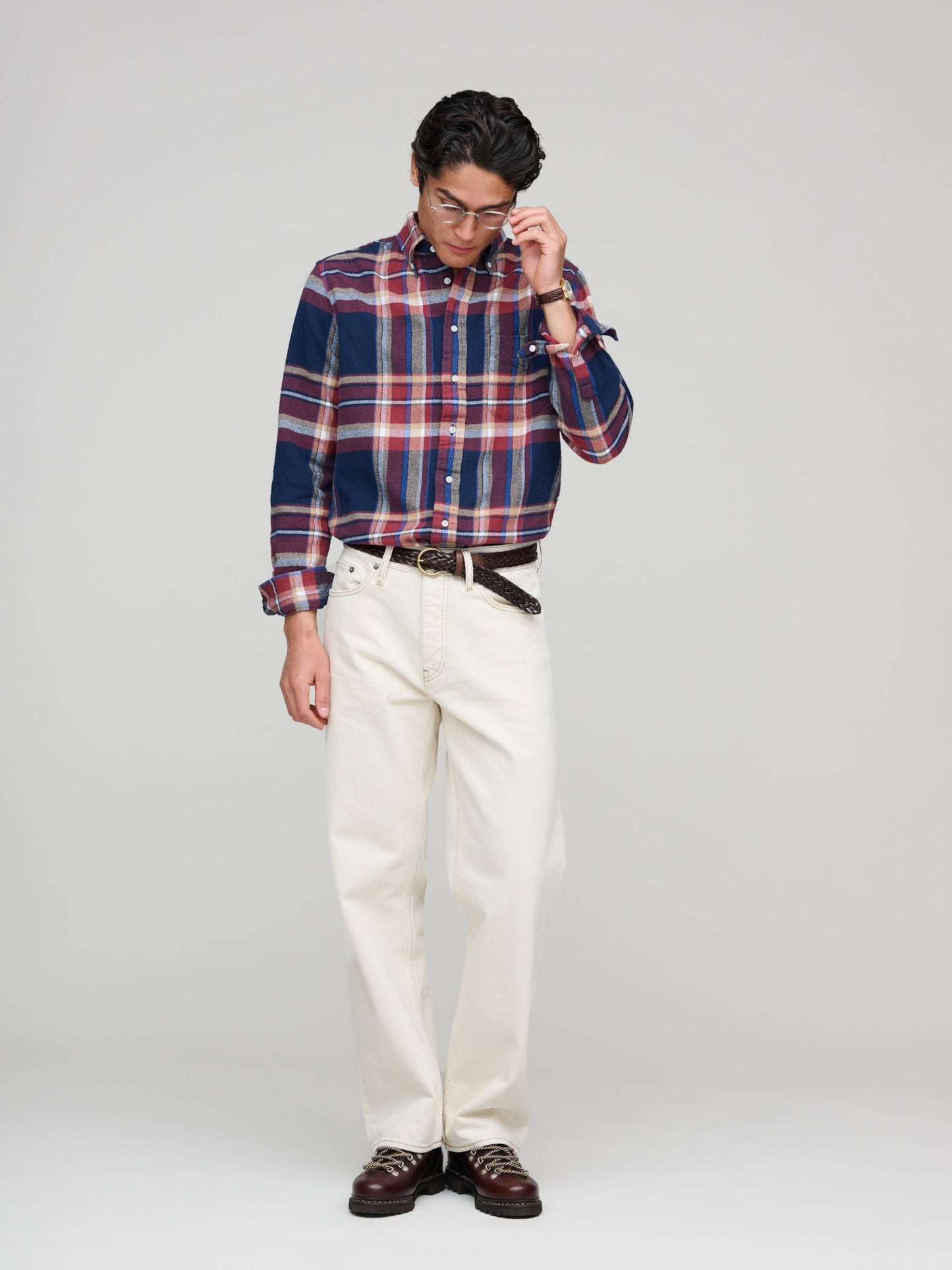 Multi Brushed Winter Madras Shirt, Burgundy/Navy Check