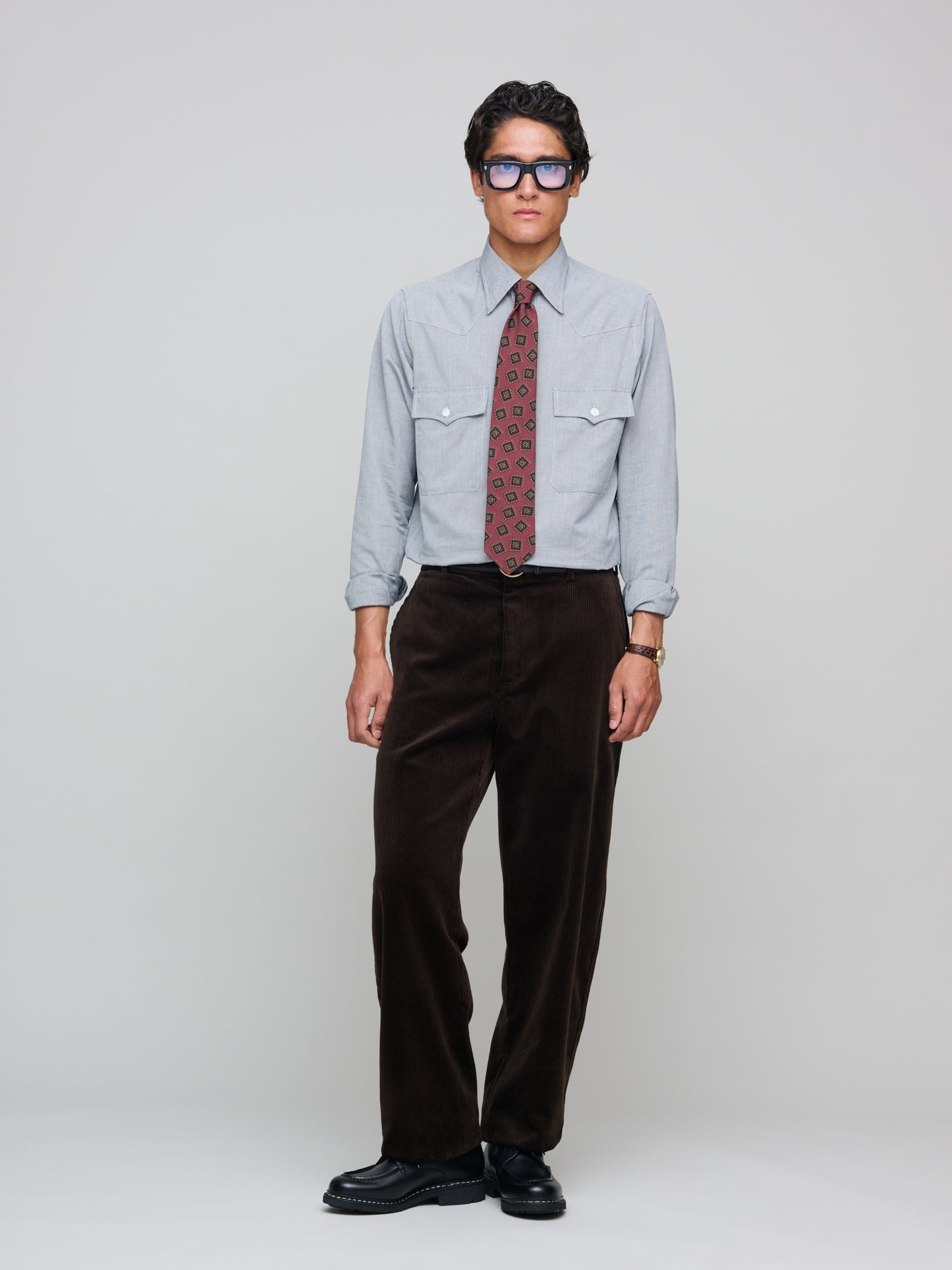 Drake's for GOODS Pinpoint Two Pocket Western Shirt, Grey