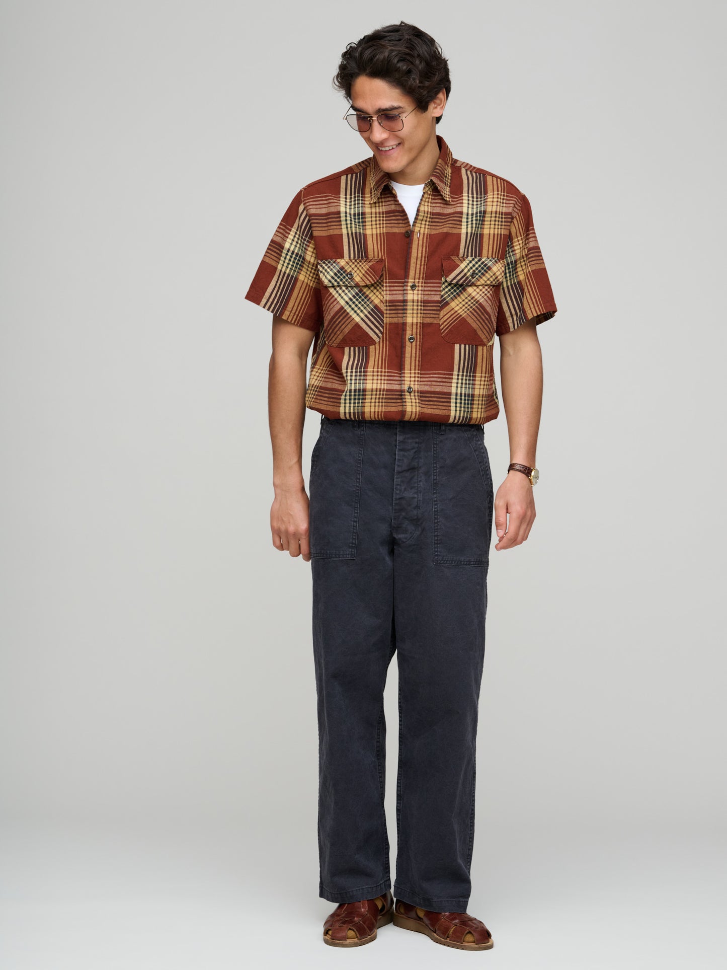 Short Sleeve Original Check Work Shirt With Flap Pocket, Brown Check